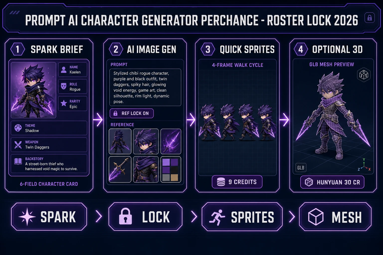 AI character generator perchance pipeline: spark brief, Image Gen reference lock, Quick Sprites, optional 3D GLB
