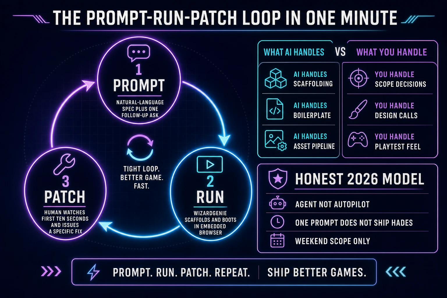 The prompt-run-patch loop as a three-node state machine: prompt sends a natural-language spec to WizardGenie, run scaffolds a Phaser scene and boots an embedded browser preview, patch watches ten seconds and issues one precise follow-up per pass