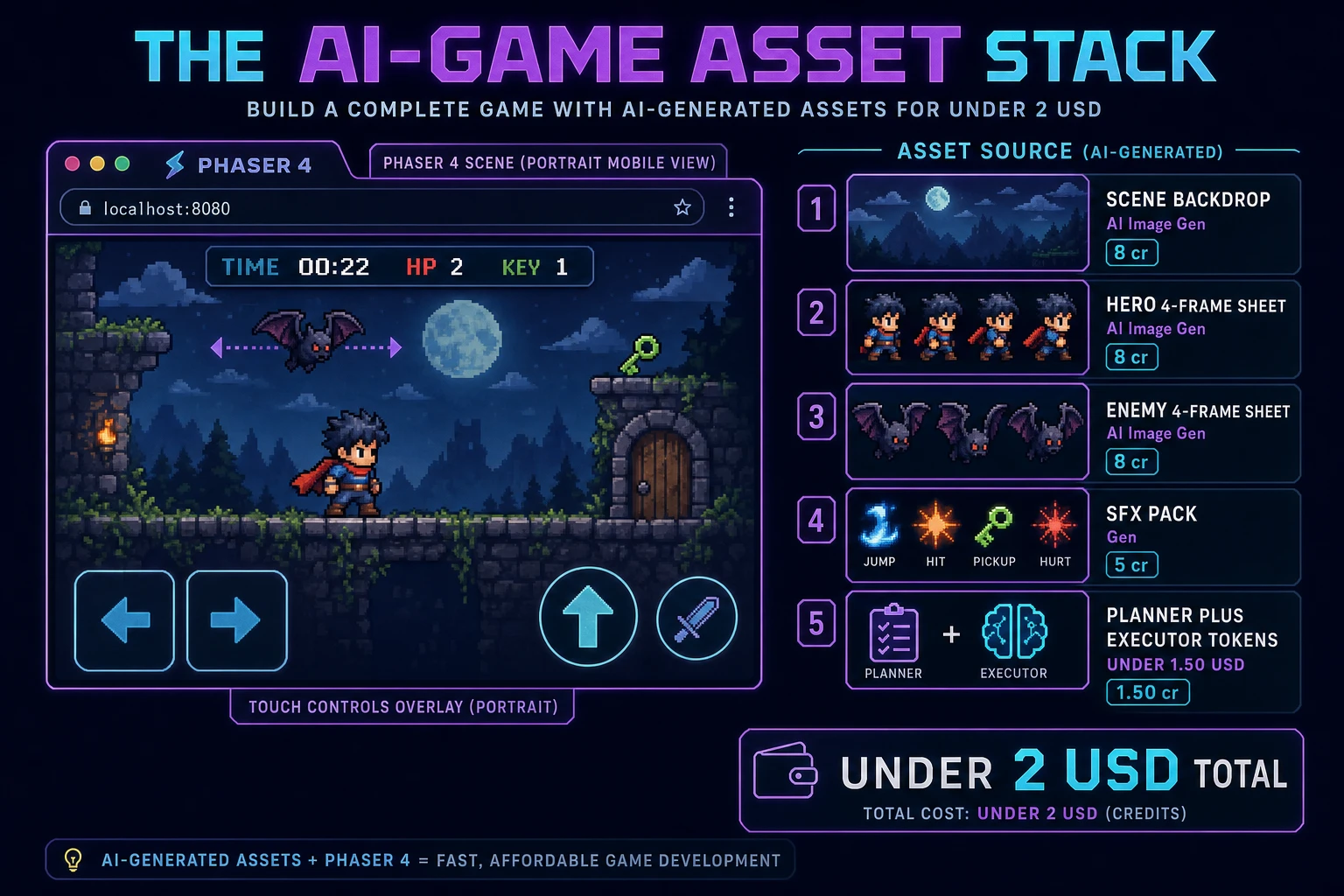 The how to make a game with ai asset stack: AI Image Gen for backdrop and hero and enemy sprite sheets, SFX Gen for jump, coin, hit, and level-complete cues, Music Gen for a 20-second looping bed - about 40 credits total on top of coding-model tokens