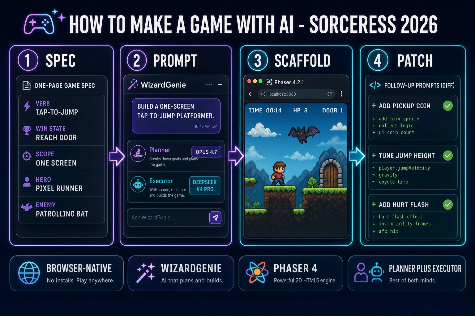 How to make a game with ai pipeline: a one-page spec prompt, WizardGenie scaffolds a Phaser 4 loop from a Planner plus Executor pair, AI Image Gen art and SFX Gen cues dress the scene, ship a browser playable in a weekend for under two dollars