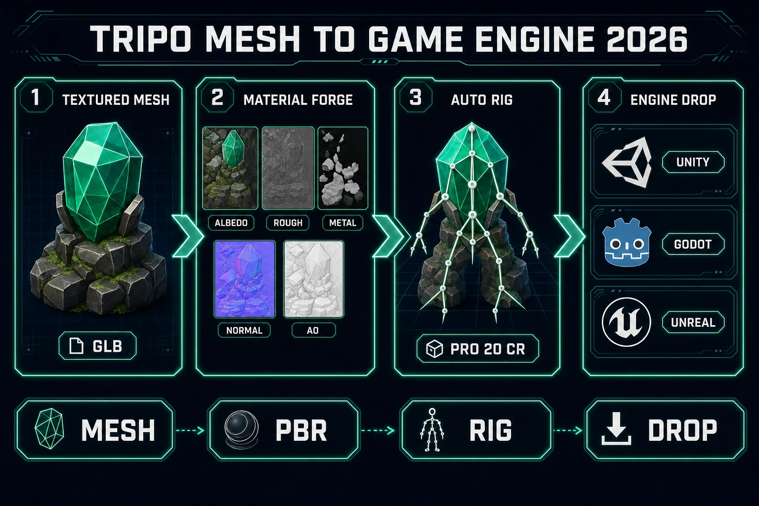 Tripo mesh to game engine loop with Material Forge PBR maps, Auto-Rigging, and engine drop targets