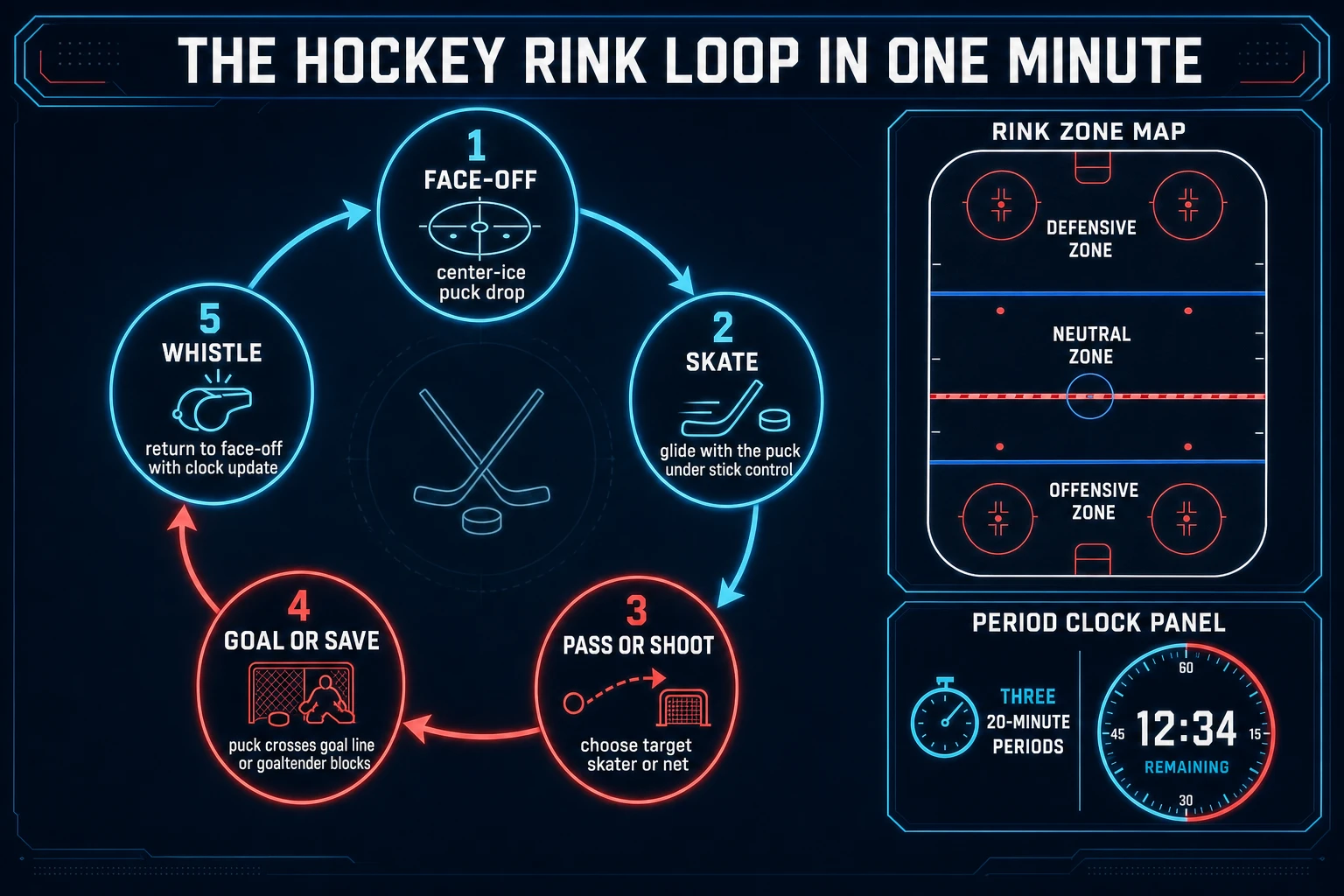 Hockey rink loop state machine diagram showing face-off puck drop, skate glide with the puck, pass or shoot decision, goal or save outcome, and whistle back to face-off with period clock updates