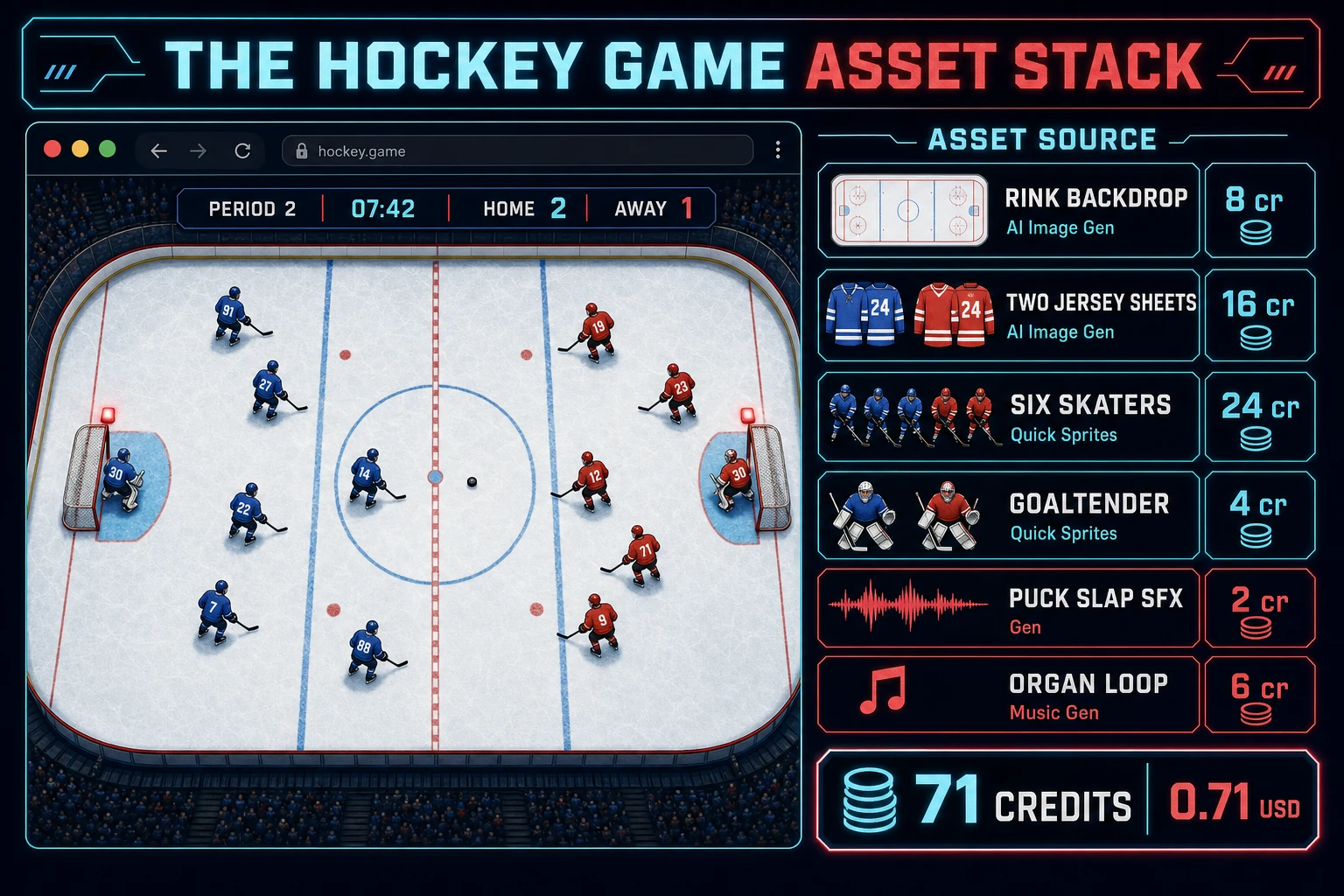 Hockey game asset stack diagram showing AI Image Gen rink backdrop, two jersey sheets, and scoreboard, Quick Sprites six skaters and goaltender, SFX Gen puck slaps and whistle, Music Gen organ loop - about 71 credits total