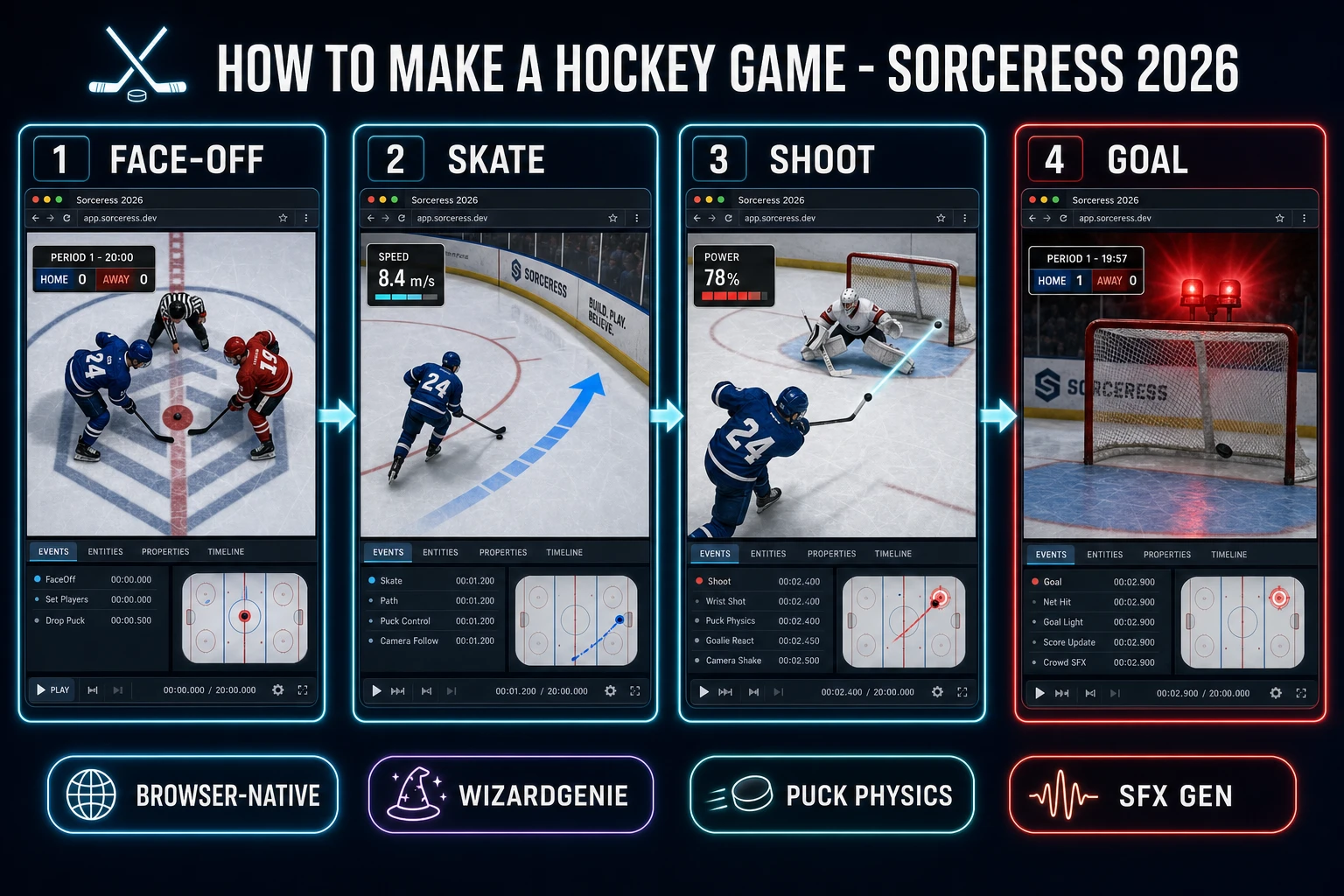 How to make a hockey game browser pipeline: face-off at center ice, skate the puck up the rink, wrist-shot toward the net, and goal light in WizardGenie with AI Image Gen jerseys and SFX Gen puck slaps