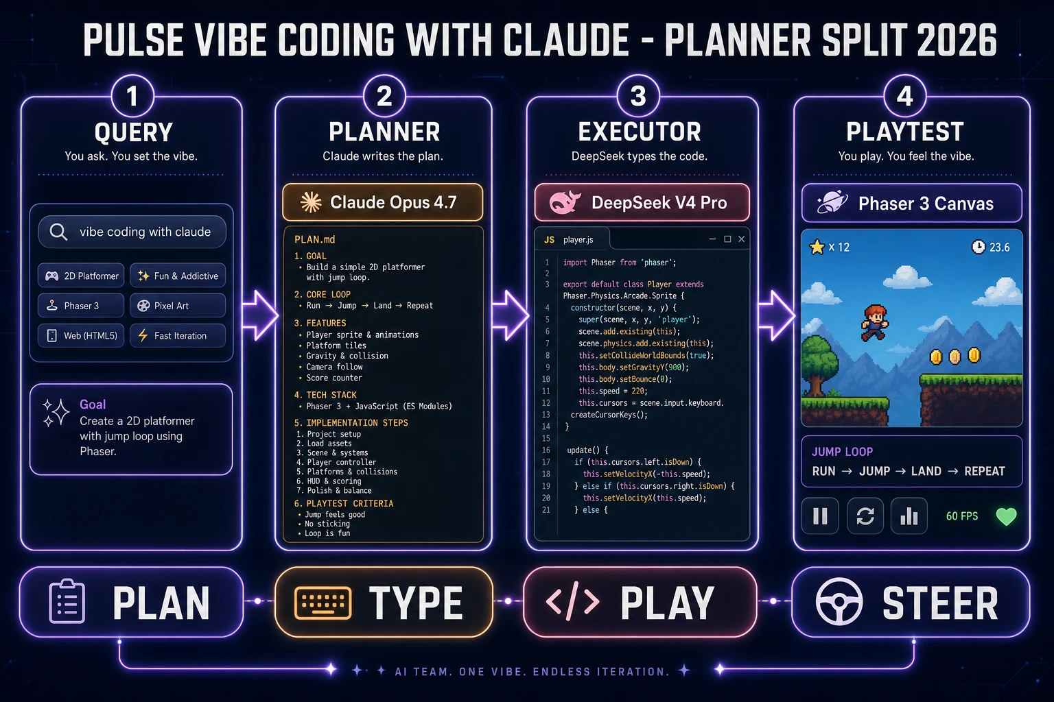 Vibe coding with Claude planner split pipeline from query to playtest