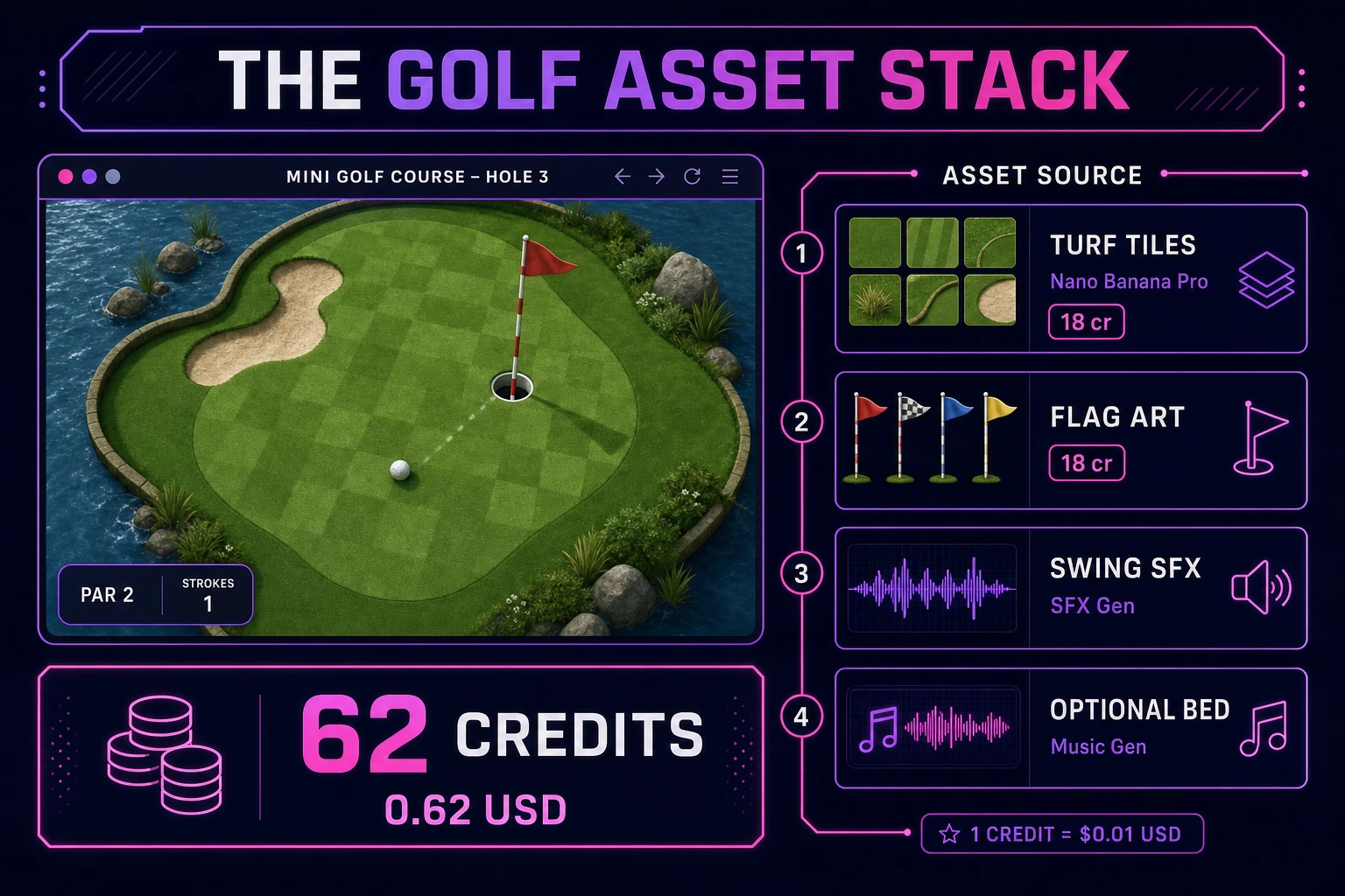 Golf asset stack diagram showing browser mini golf course with AI Image Gen turf tiles plus SFX Gen swing and cup audio