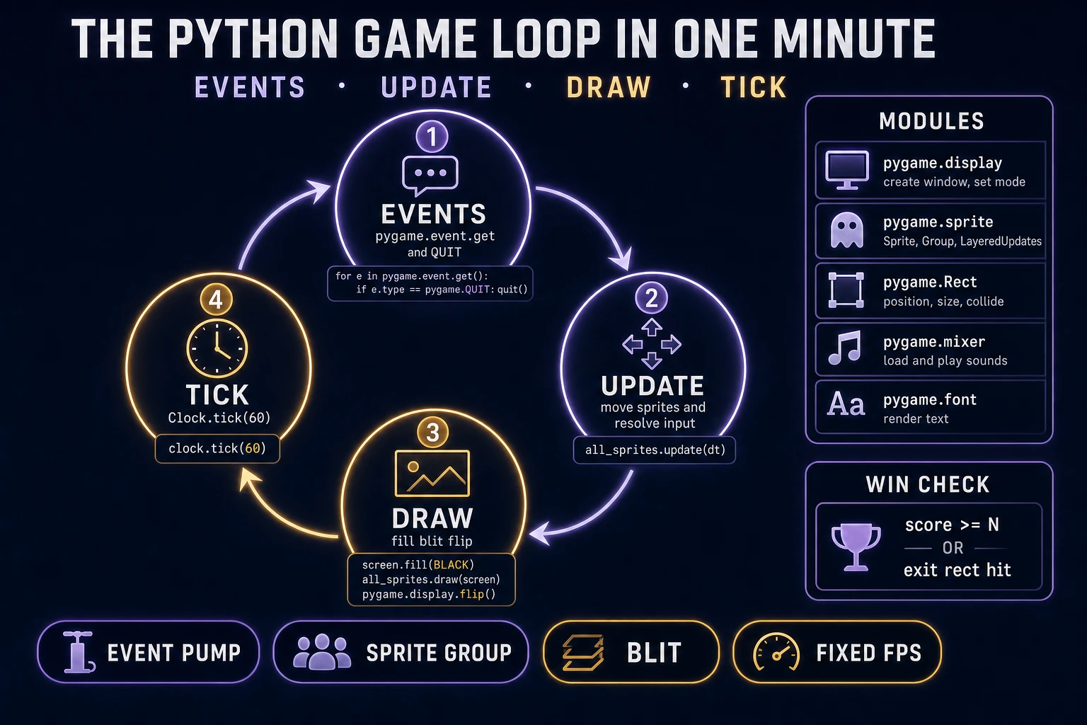 Python Pygame loop diagram showing events, update, draw, and Clock.tick as a four-node cycle