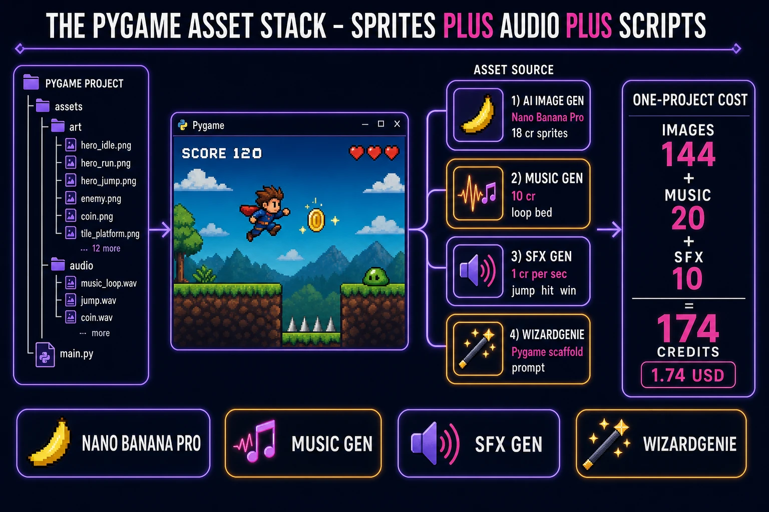 Pygame asset stack: AI Image Gen sprites, Music Gen loop, SFX Gen stingers, and WizardGenie Python scripts in an assets folder