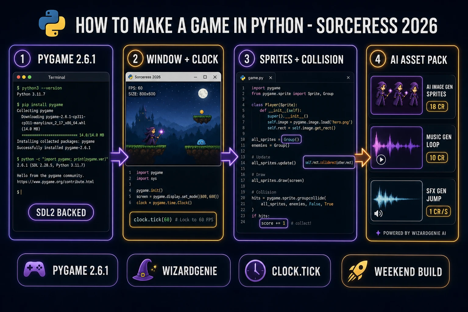 How to make a game in Python Pygame pipeline: Pygame 2.6.1, window plus clock, sprites and collision, and Sorceress AI asset pack