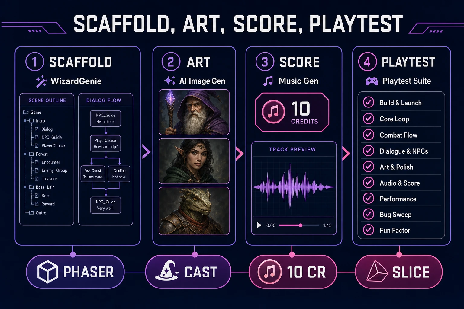 Pipeline from WizardGenie RPG scaffold through AI Image Gen cast and Music Gen loop into a playtest checklist