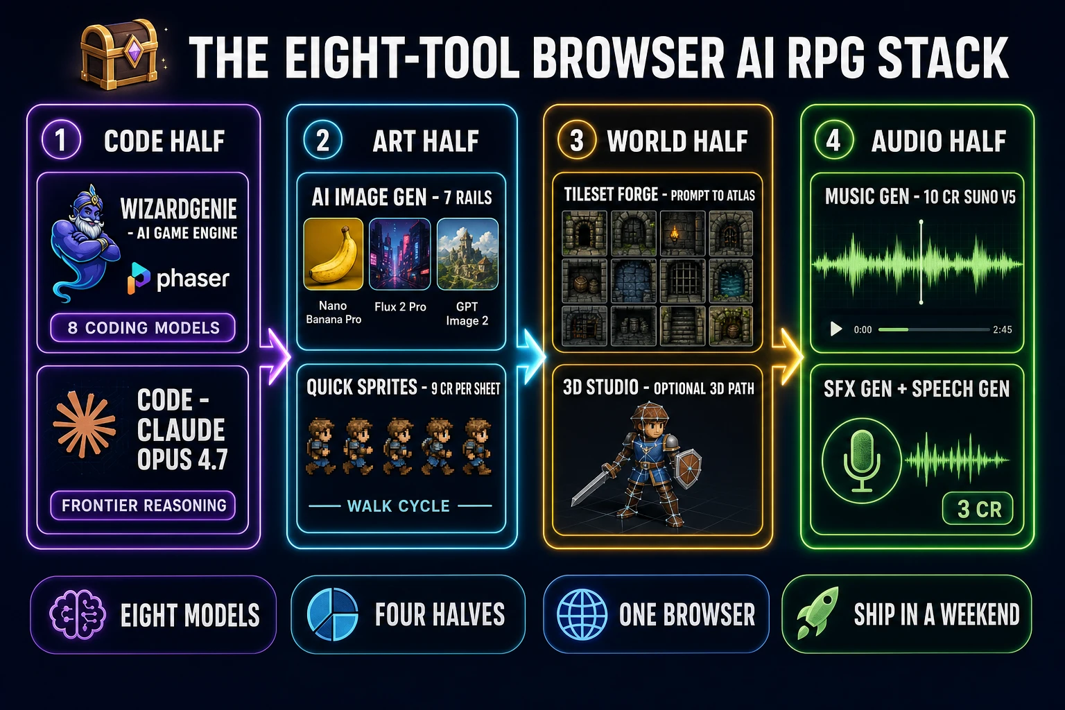 Eight-tool browser AI stack for how to make an RPG game in 2026 - WizardGenie for the code loop, AI Image Gen for hero and monster portraits, Quick Sprites for walk cycles, Tileset Forge for dungeon and town maps, 3D Studio plus Auto-Rigging for optional 3D characters, Music Gen for boss themes, SFX Gen for combat sounds, and Speech Gen for NPC voice lines