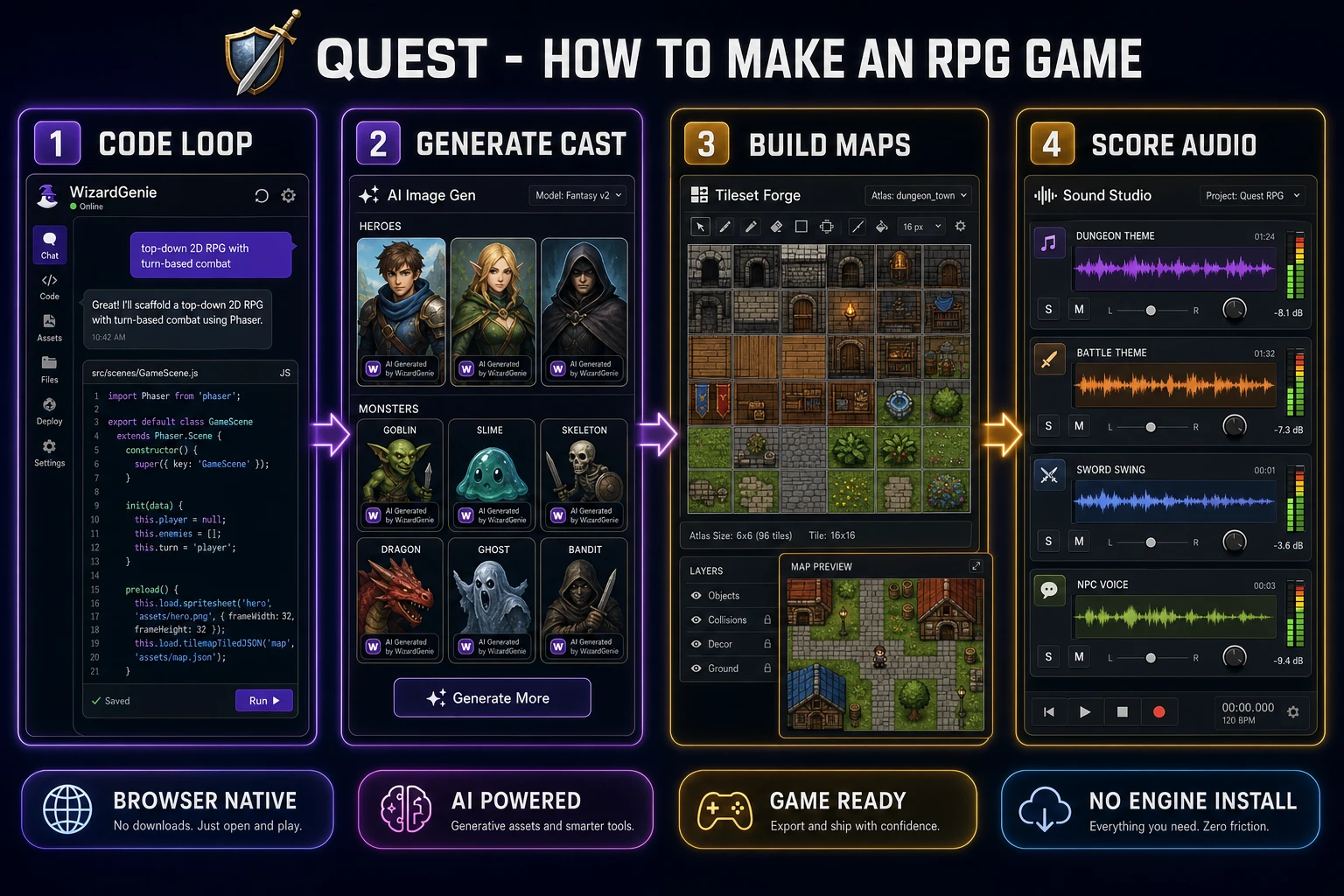How to make an RPG game pipeline diagram - WizardGenie game engine prompt for the game loop, AI Image Gen for heroes and monsters, Quick Sprites for sprite sheets, Tileset Forge for dungeon and town maps, and Music Gen plus SFX Gen plus Speech Gen for the full audio stack