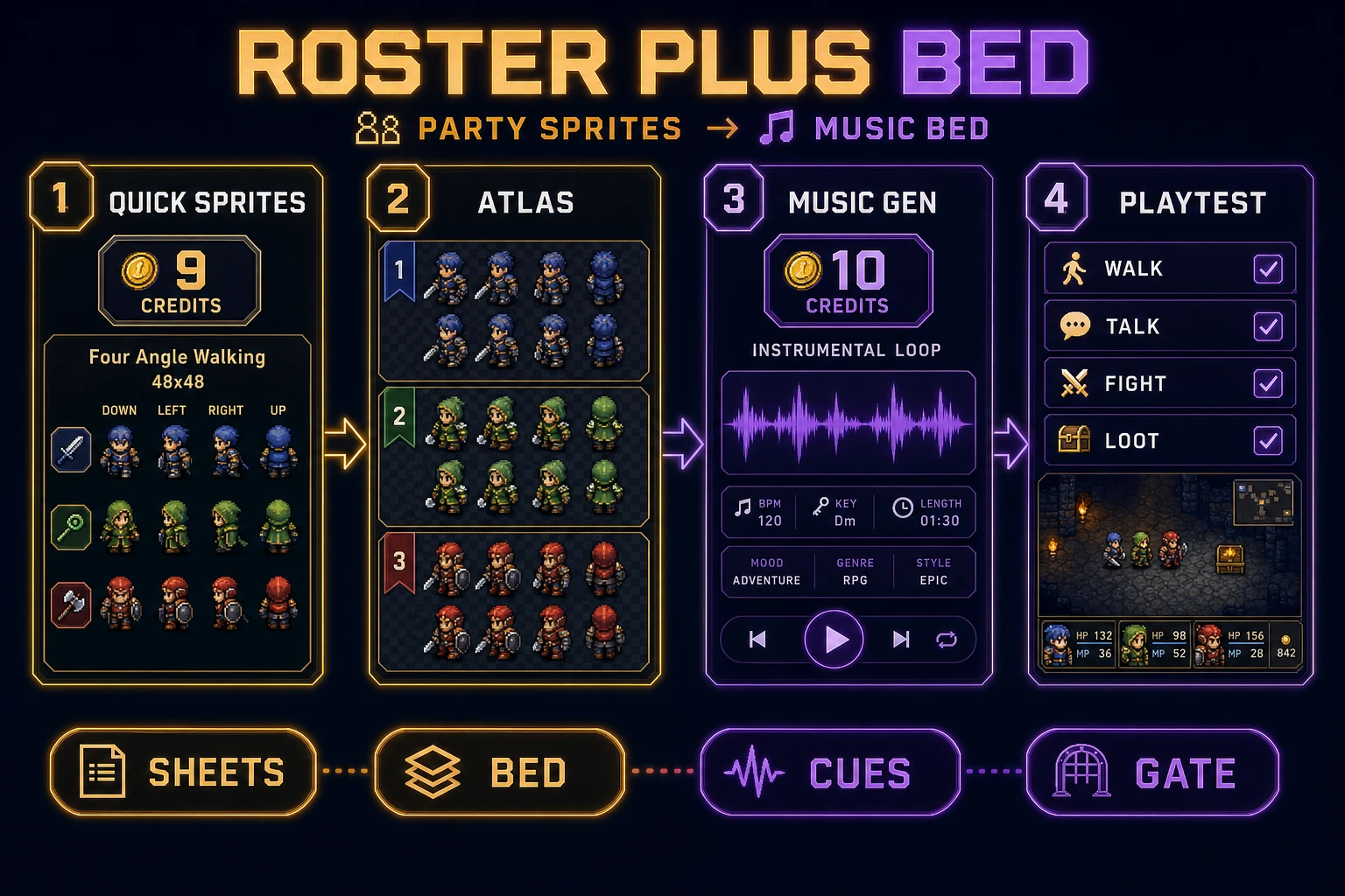 Quick Sprites roster and Music Gen bed pipeline for how to make an RPG game
