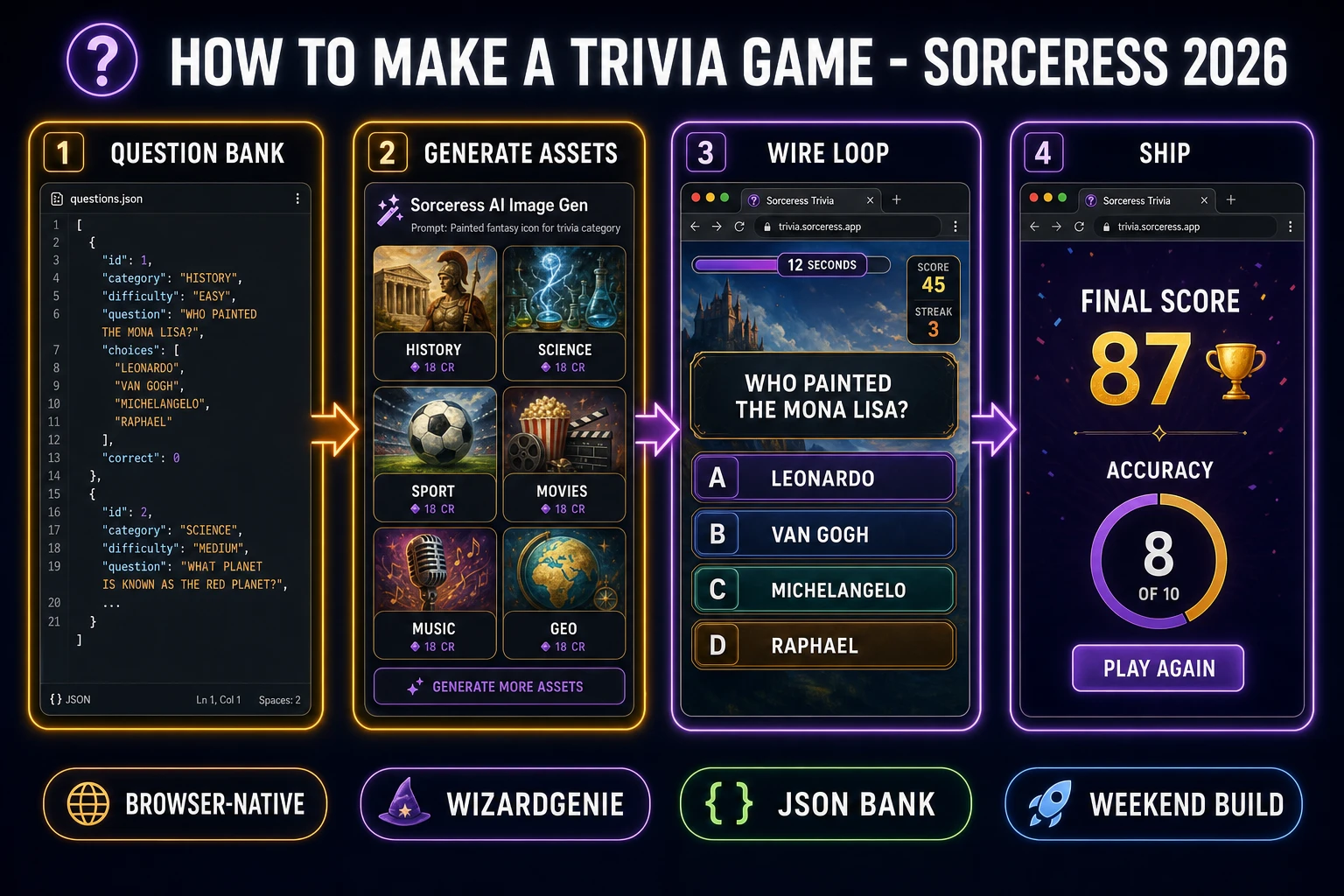 How to make a trivia game browser pipeline: build the JSON question bank, generate category icons, wire the question loop and timer in WizardGenie, and ship a browser build