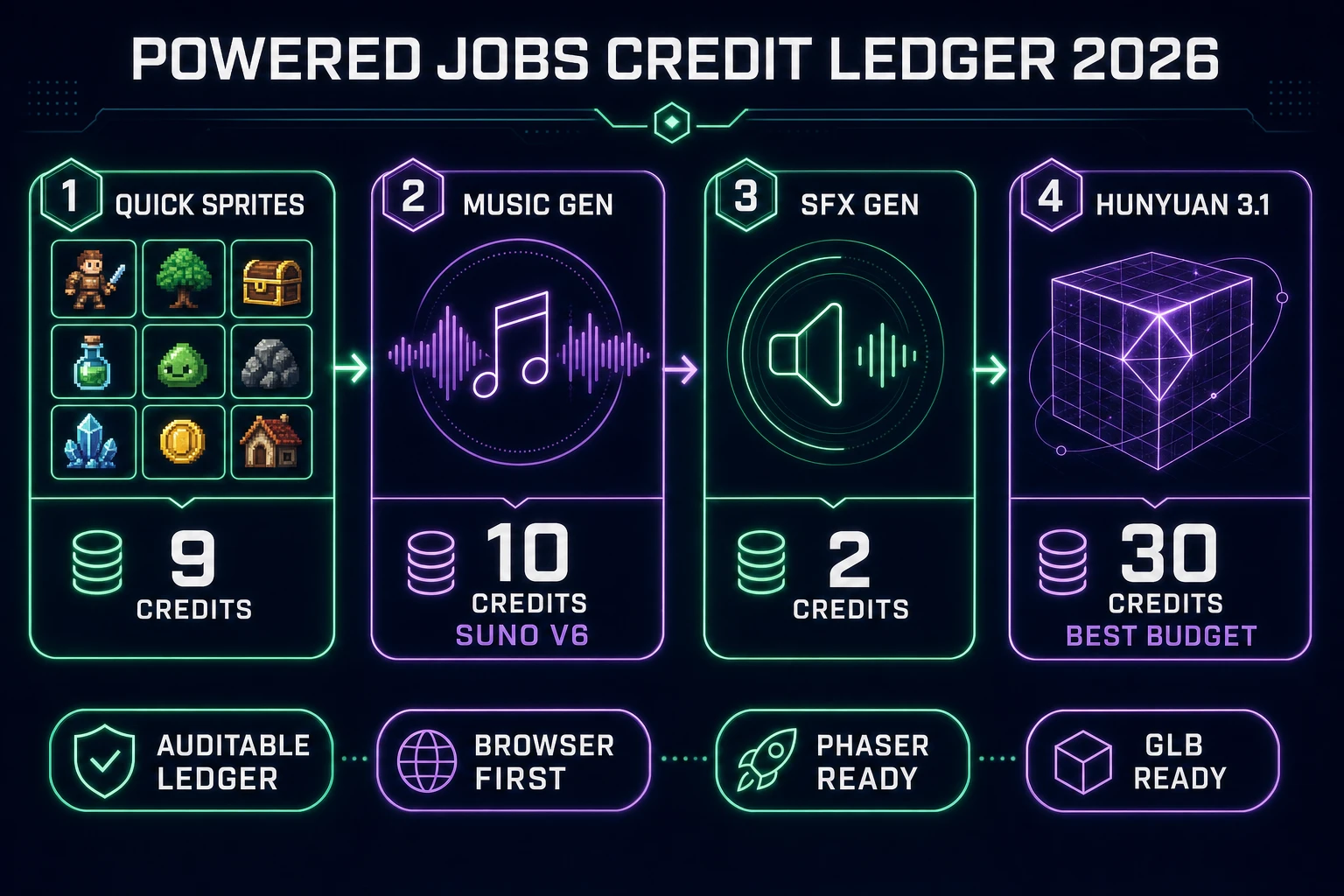 AI powered game development credit ledger for Quick Sprites Music Gen SFX Gen and Hunyuan