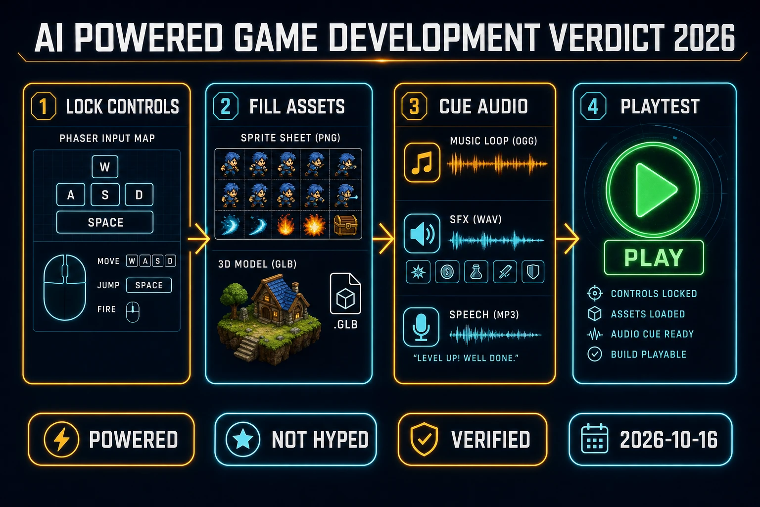 AI powered game development verdict workflow: lock controls, fill assets, cue audio, playtest