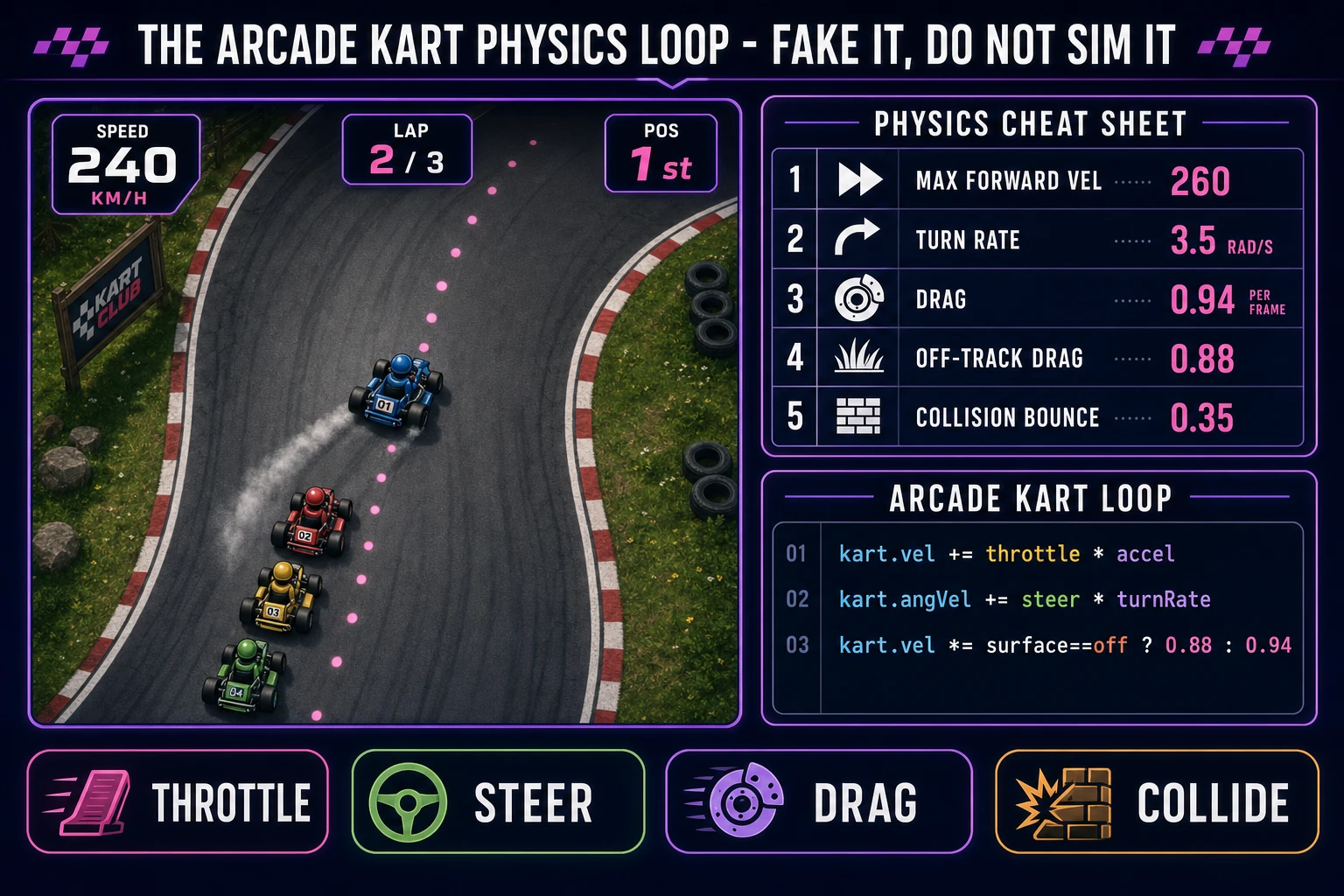 Top-down racing physics cheat sheet: max forward velocity 260, turn rate 3.5 radians per second, drag 0.94, off-track drag 0.88, collision bounce 0.35, with arcade kart loop pseudo-code