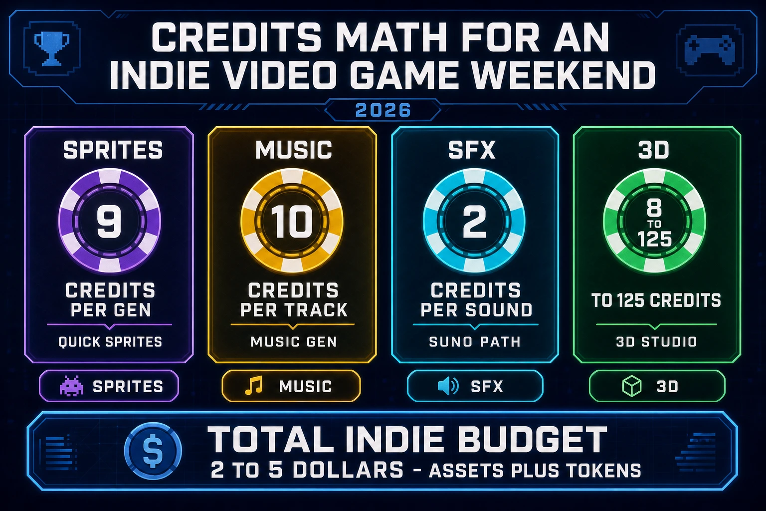 Credits math for an indie video game AI weekend build: Quick Sprites 9 credits, Music Gen 10 credits, SFX Gen 2 credits, 3D Studio 8 to 125 credits