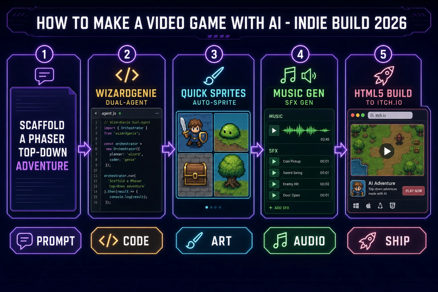 How to make a video game with AI: five-step indie pipeline from prompt to code to art to audio to shipped HTML5 build