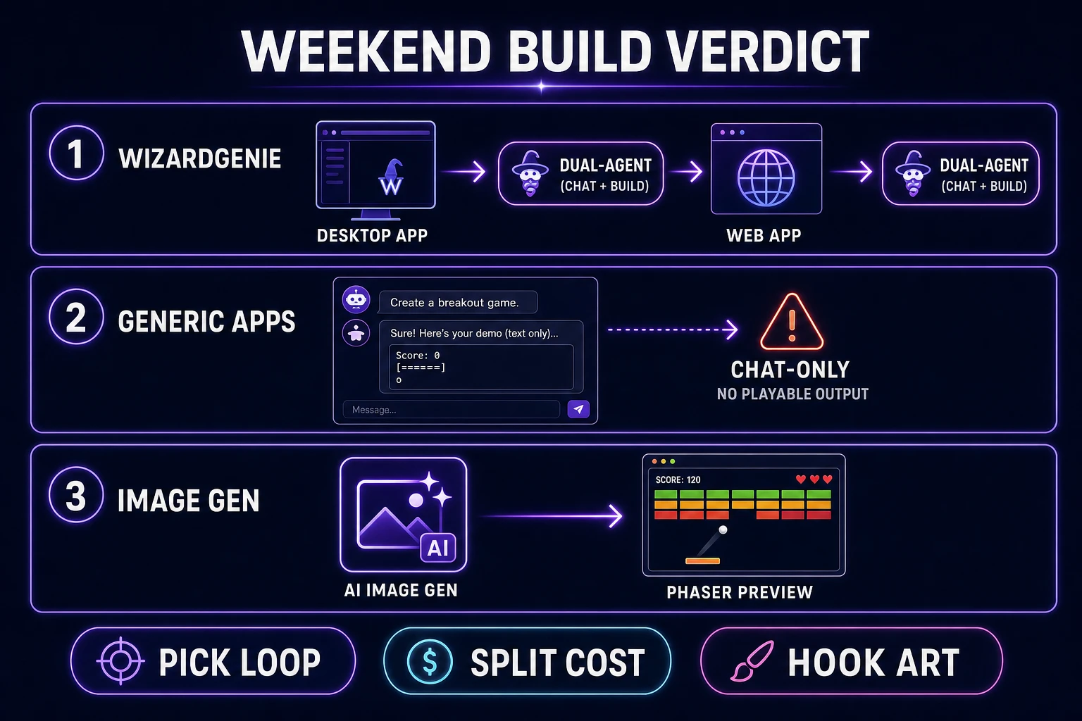Weekend build verdict comparing WizardGenie dual-agent path to generic chat demos with AI Image Gen hooks