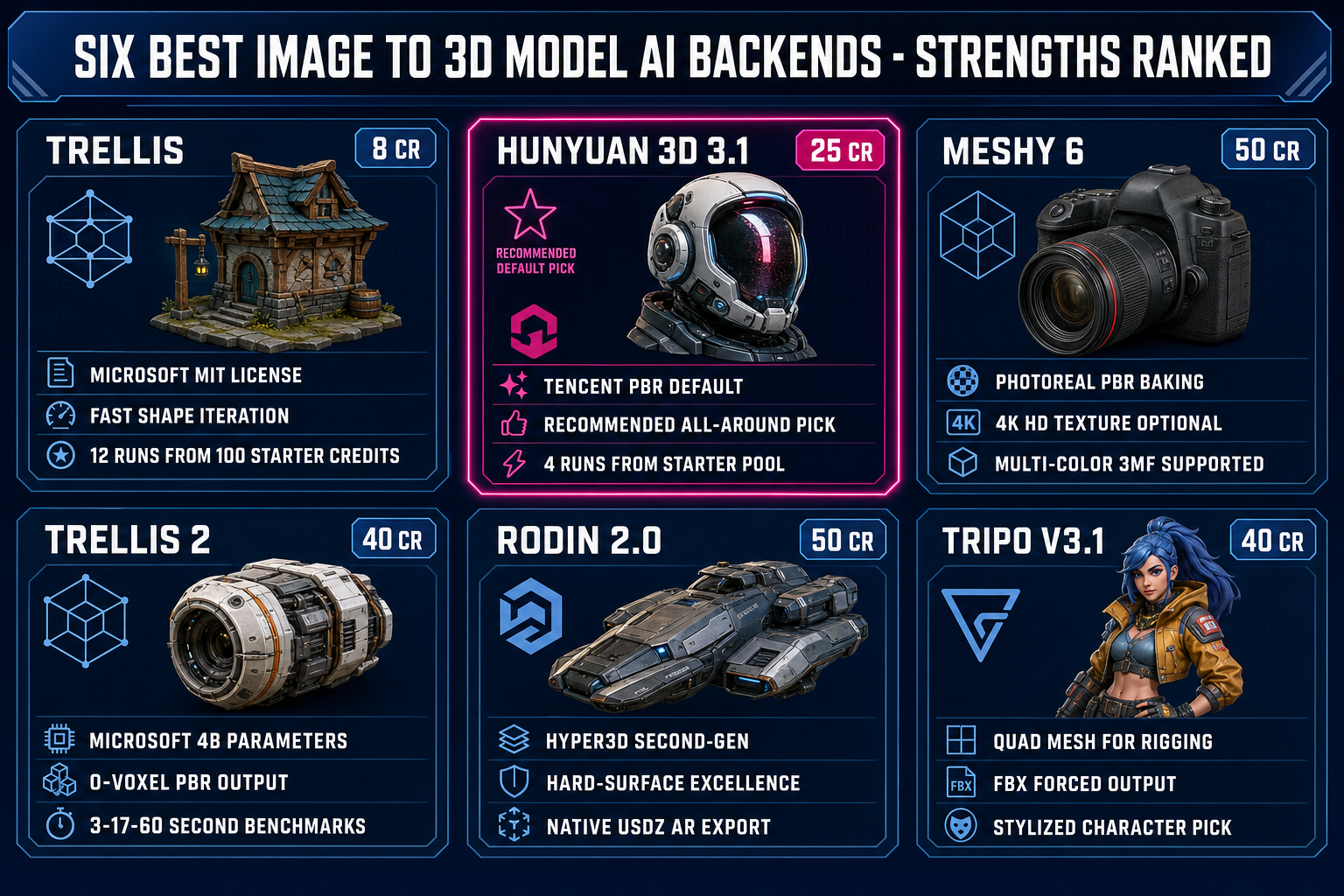 Six best image to 3D model AI backends compared - TRELLIS Hunyuan 3D 3.1 Meshy 6 TRELLIS 2 Rodin 2.0 Tripo v3.1 strengths ranked