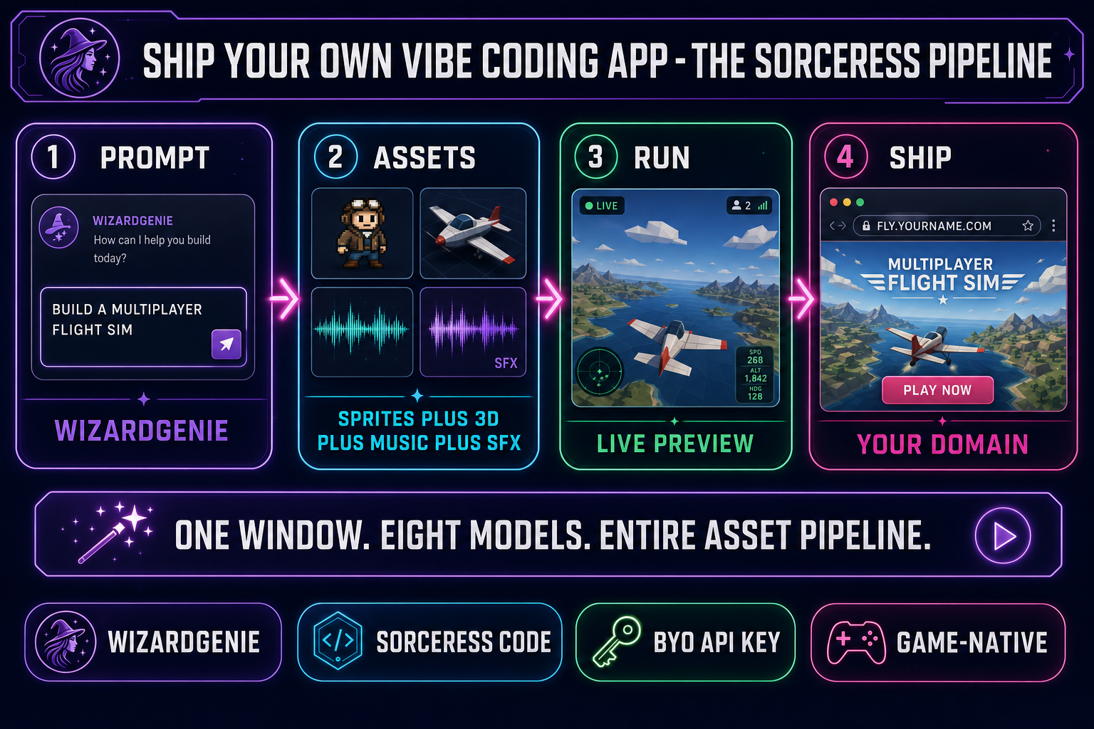 Sorceress stack pipeline for shipping a vibe coding app: WizardGenie agent loop on the prompt step, asset pipeline of sprites and 3D models and music and SFX on the assets step, live preview pane on the run step, and your own deployed domain on the ship step, with WizardGenie and Sorceress Code and BYO API key and game-native pill badges along the bottom