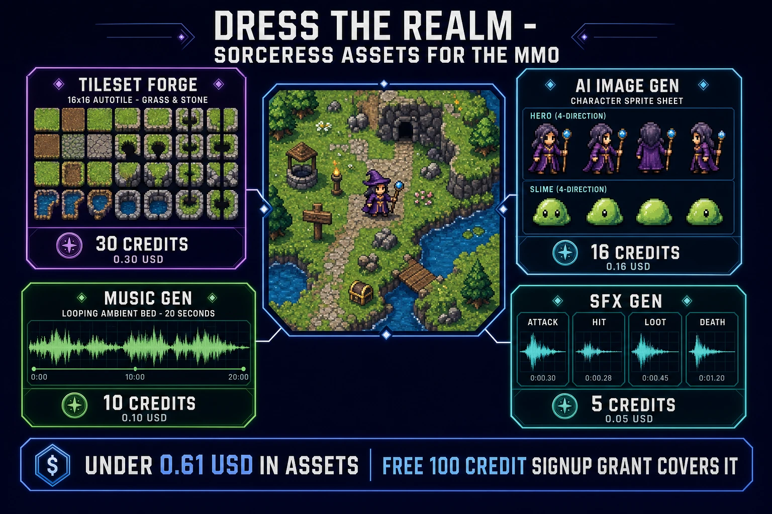 Sorceress asset stack for a browser MMO: Tileset Forge 30 credits, AI Image Gen hero and slime sheets 16 credits, Music Gen ambient bed 10 credits, SFX Gen four cues 5 credits - total under 0.61 USD, covered by the free 100-credit signup grant