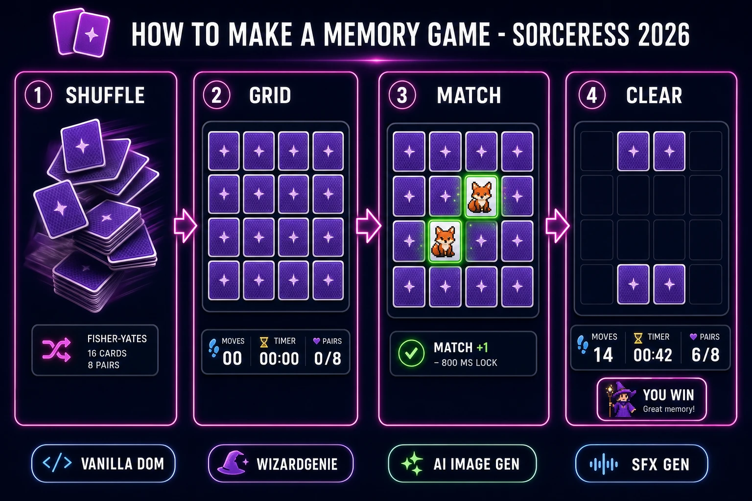 How to make a memory game browser match-grid pipeline: Fisher-Yates shuffle, 4x4 face-down card grid, matching pair reveal, and cleared-board win state with WizardGenie and Sorceress toolset