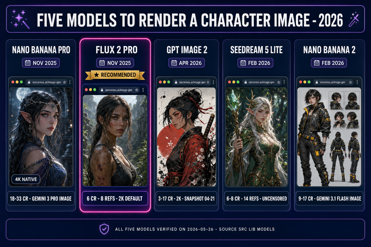 Five 2026 AI character image generator models compared inside Sorceress AI Image Gen: Nano Banana Pro, Flux 2 Pro, GPT Image 2, Seedream 5 Lite, Nano Banana 2