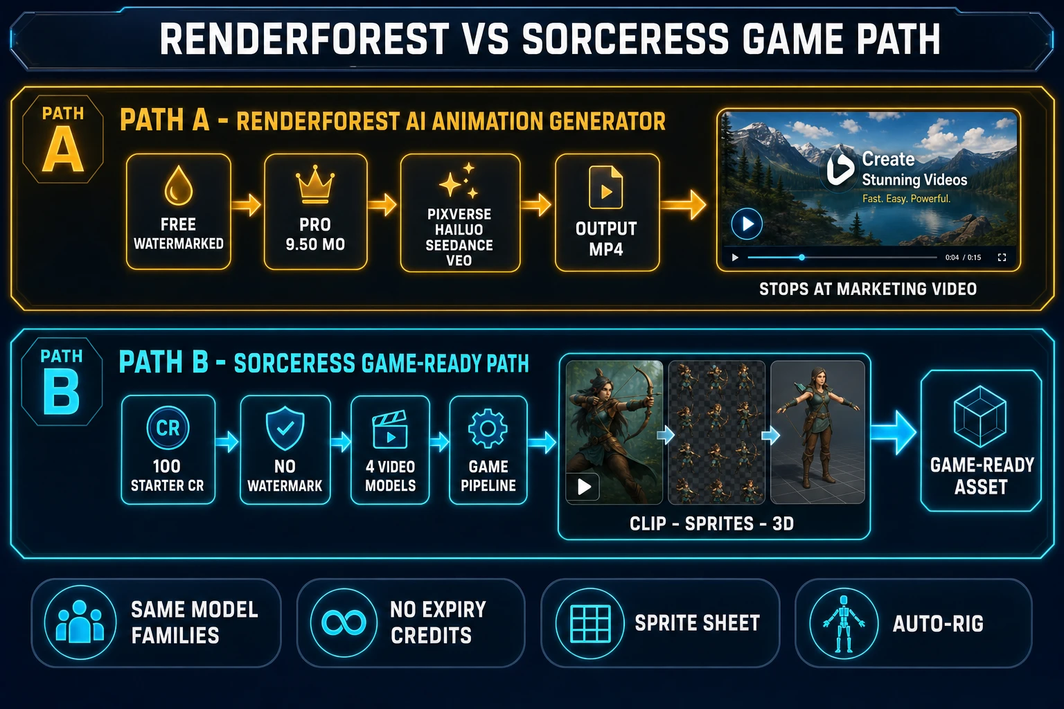 Two-lane side-by-side comparison infographic showing Path A as the Renderforest AI animation generator workflow with chips reading Free Watermarked, Pro 9.50 per month, third-party models Pixverse Hailuo Seedance Veo, and an MP4 output icon ending at marketing video, and Path B as the Sorceress game-ready path with chips reading 100 starter credits, no watermark, four video models, full game pipeline, and a row of thumbnails showing the same character first as a clip then as a sprite sheet then as a 3D model
