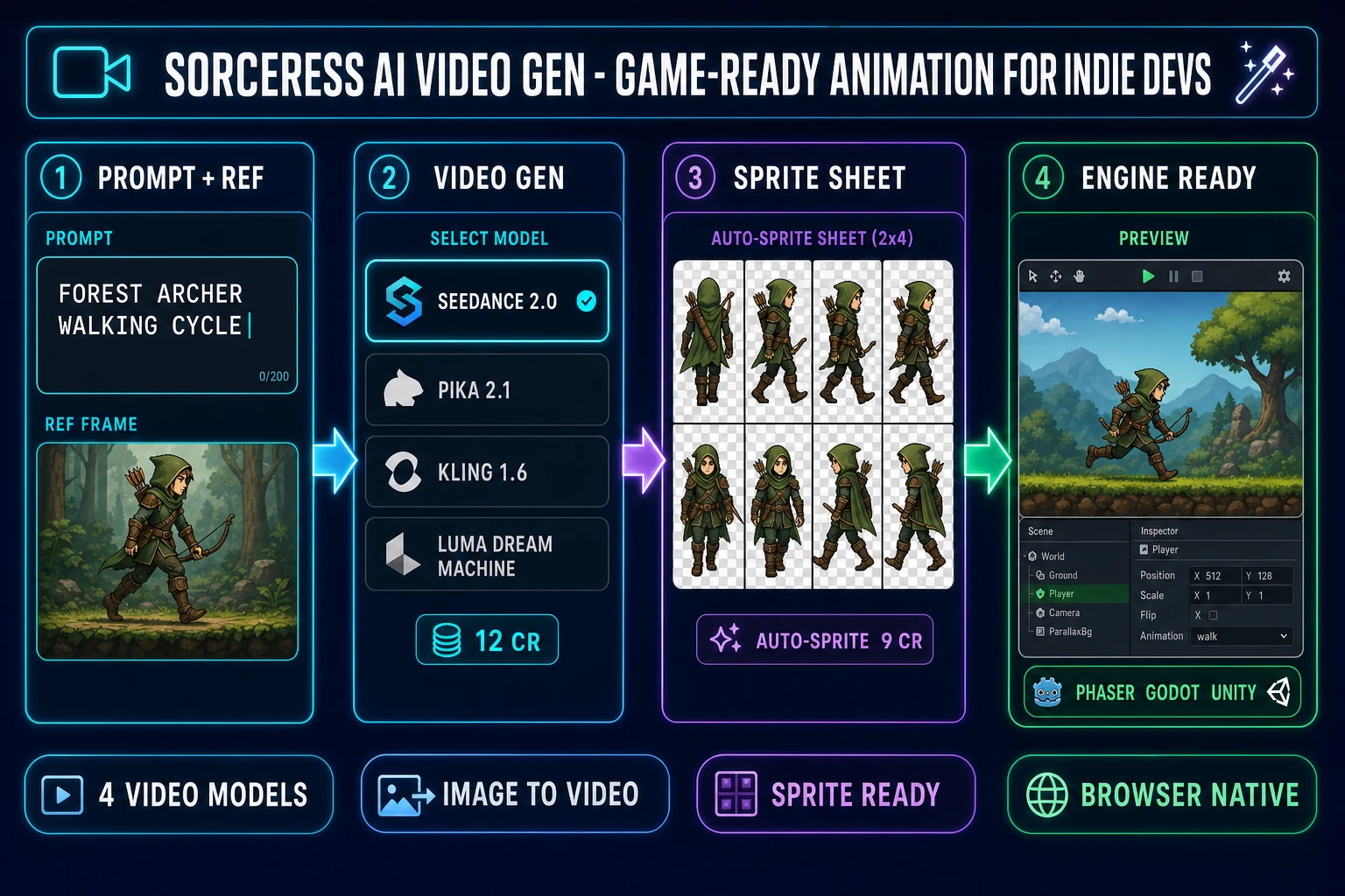 Sorceress AI Video Gen pipeline diagram with four numbered panels showing prompt and reference image inputs, the multi-model video generation step with Seedance 2.0 selected, the Auto-Sprite extraction step producing a transparent eight-pose walking sheet, and a final engine-ready panel showing the same character running inside a side-scrolling game viewport, with cyan, purple, and emerald accents on a dark navy background