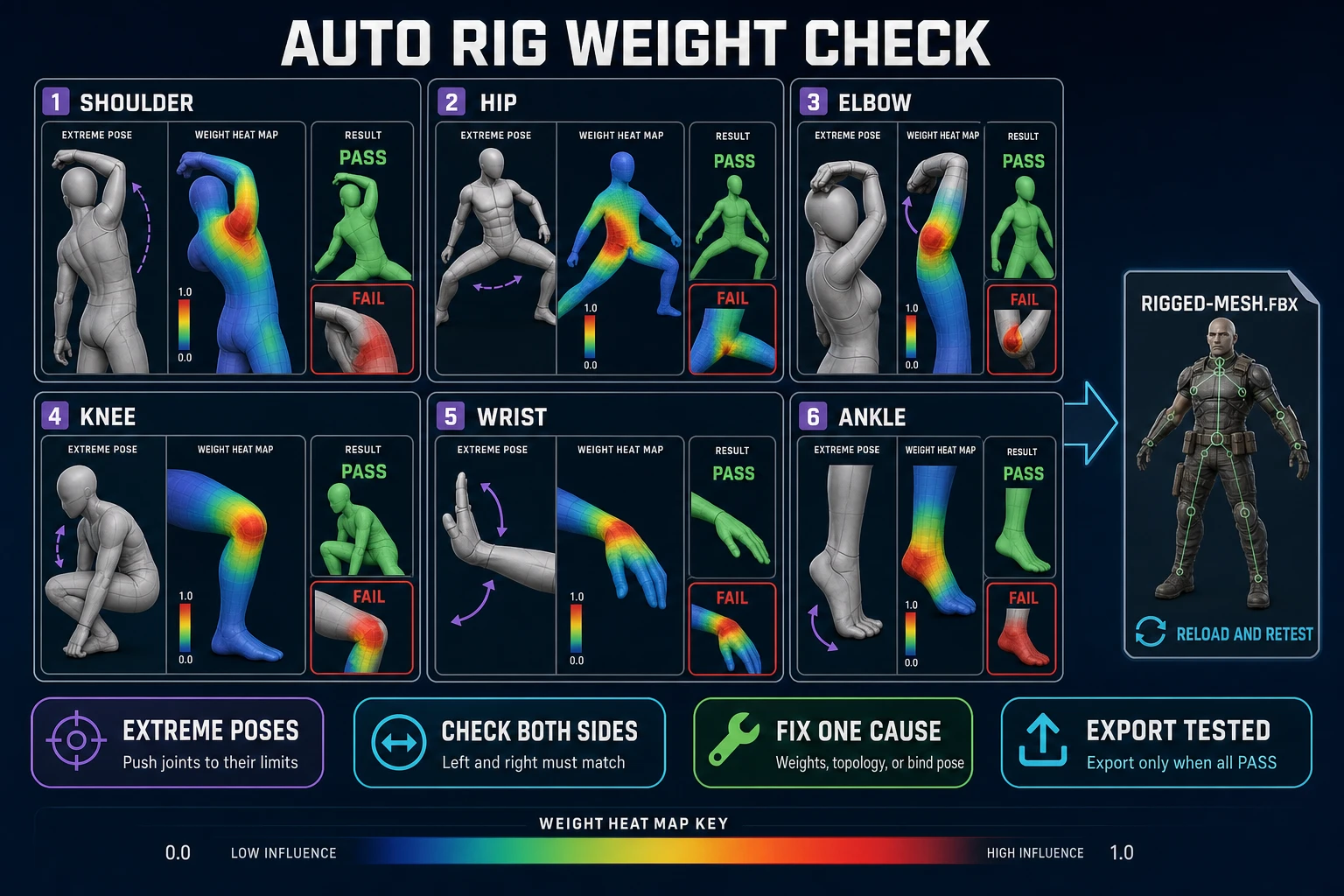 Auto rig weight check showing shoulder hip elbow knee wrist and ankle pose tests before rigged FBX export