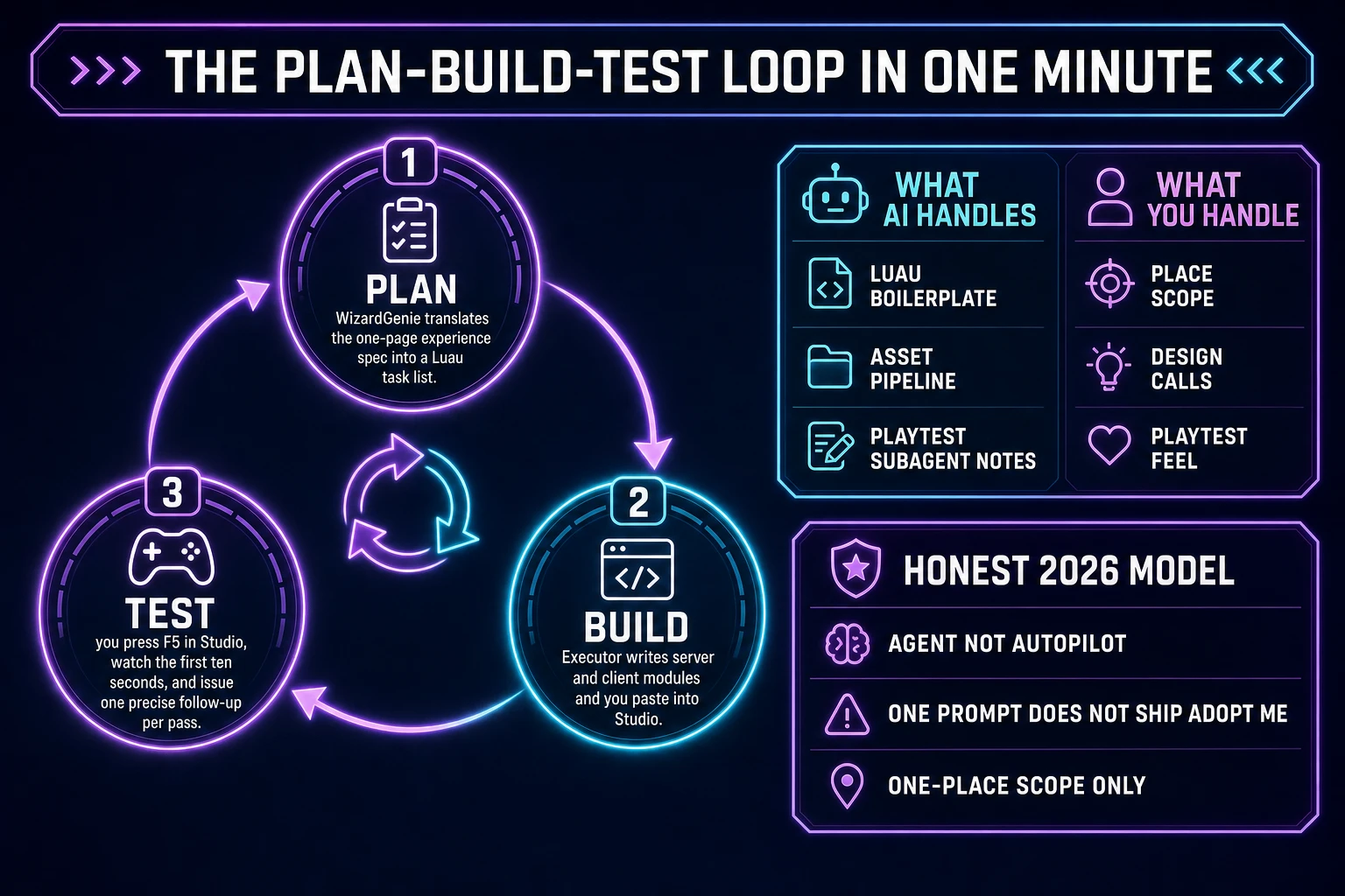 The plan-build-test loop as a three-node state machine: plan translates the experience spec into a Luau task list, build drafts server and client modules that you paste into Roblox Studio, test presses F5 and watches ten seconds before issuing one precise follow-up