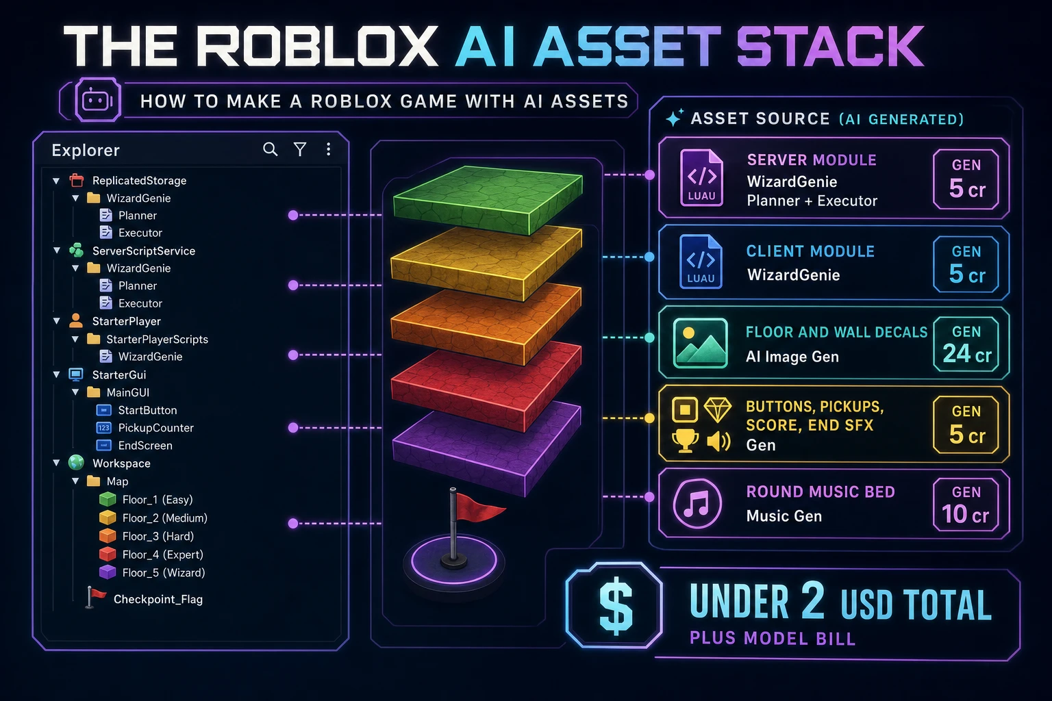 The how to make a Roblox game with AI asset stack: WizardGenie for the Luau server, client, and shared config modules, AI Image Gen for floor and wall decals, SFX Gen for four short cues, Music Gen for a 30-second loopable round bed - about 39 credits total plus the model bill