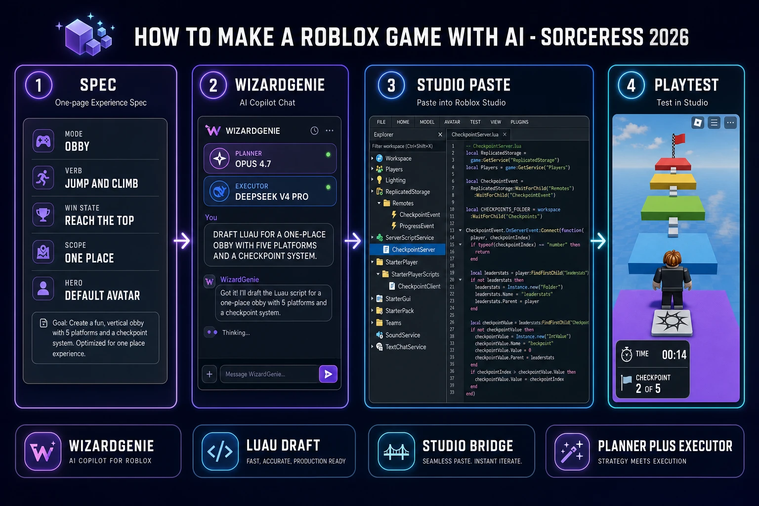 How to make a Roblox game with AI pipeline: a one-page experience spec, WizardGenie drafts Luau modules from a Planner plus Executor pair, paste into Roblox Studio, playtest and patch until the place ships