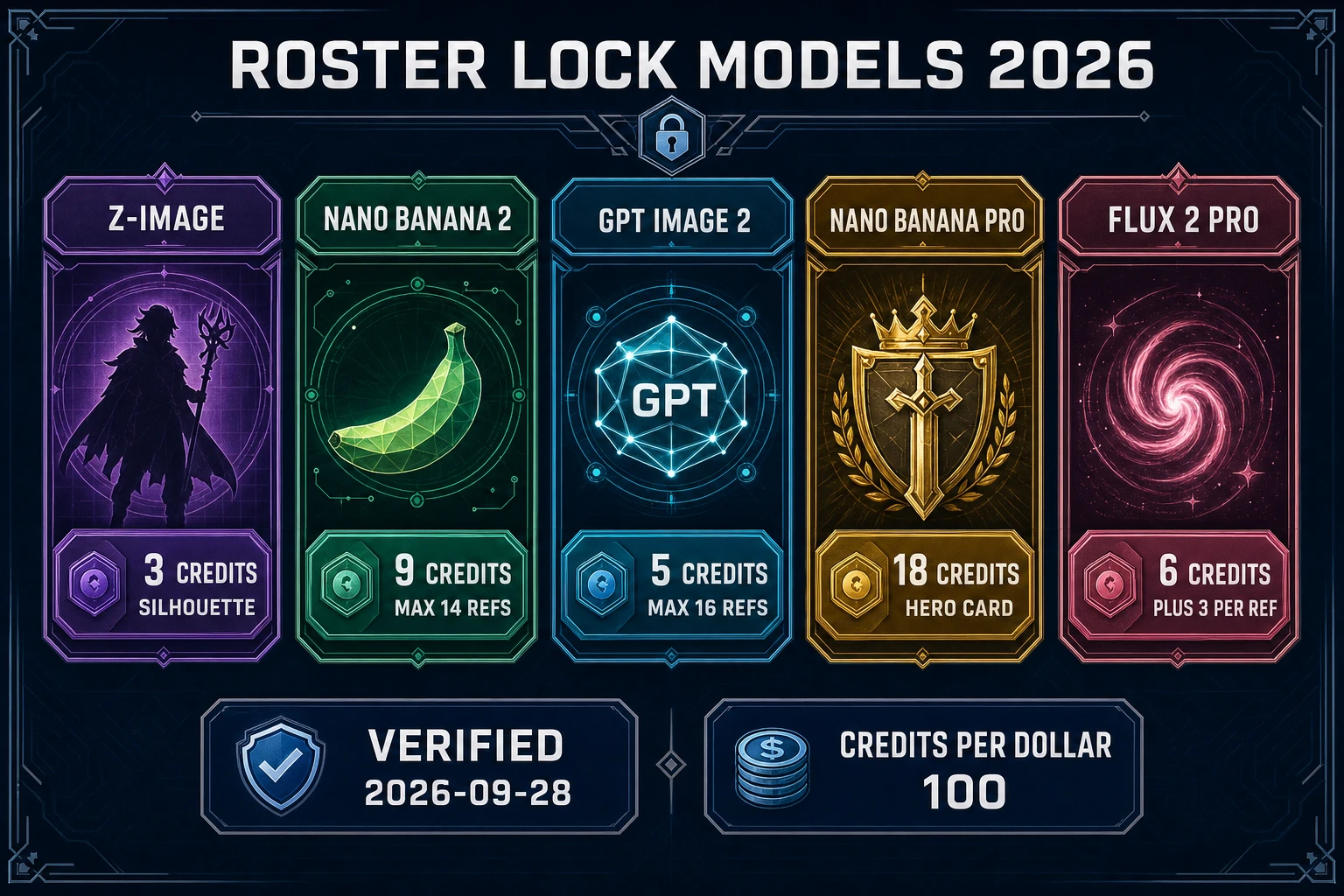 Roster lock model cards for AI DnD character generator with credit chips from 3 to 18