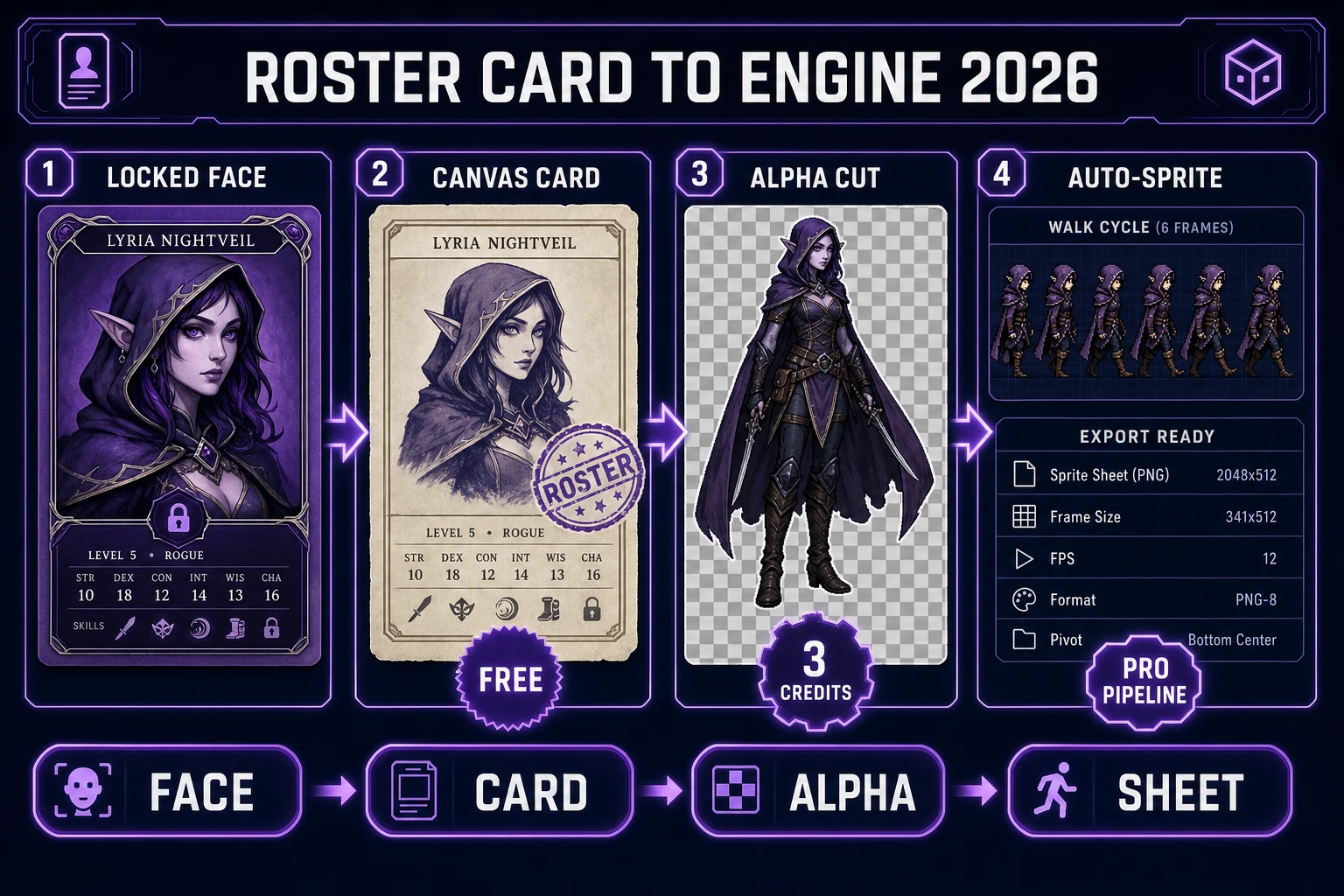 AI DnD character generator tabletop vs game fork with Canvas card, alpha, and Auto-Sprite sheet
