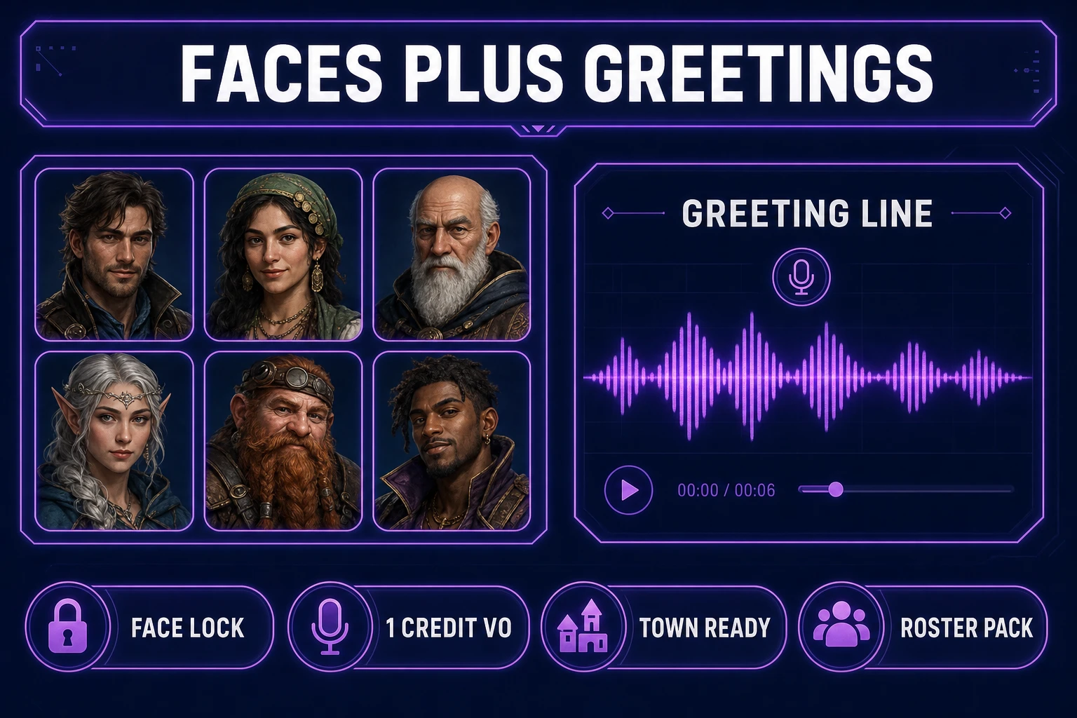 AI Image Gen face stamps and Speech Gen greeting VO for an npc generator roster bio pack, verified July 16, 2026