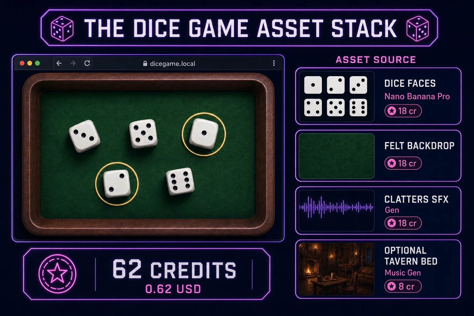 Dice game asset stack diagram showing AI Image Gen dice faces, SFX Gen roll clatter, optional Music Gen tavern bed, and total credit cost under one dollar