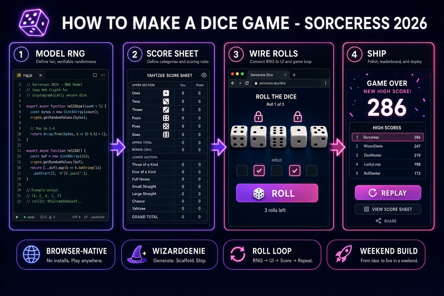 How to make a dice game browser pipeline: model fair RNG and a score sheet, wire roll and hold in WizardGenie, and ship a browser dice game