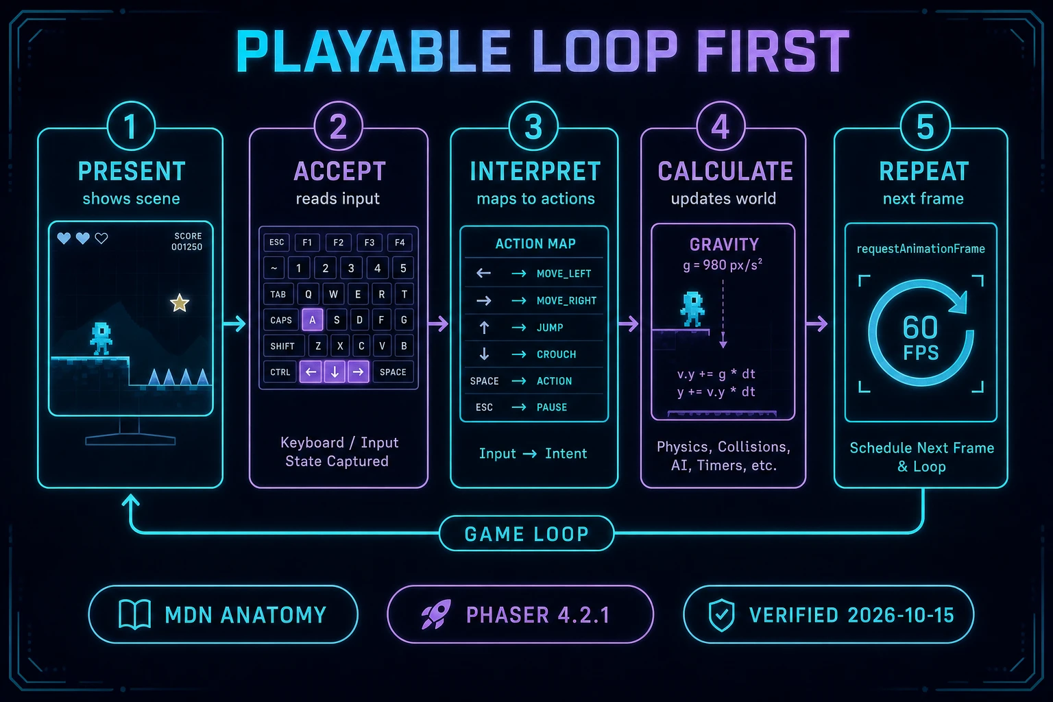 Claude vibe coding Phaser playtest gate five-step game loop
