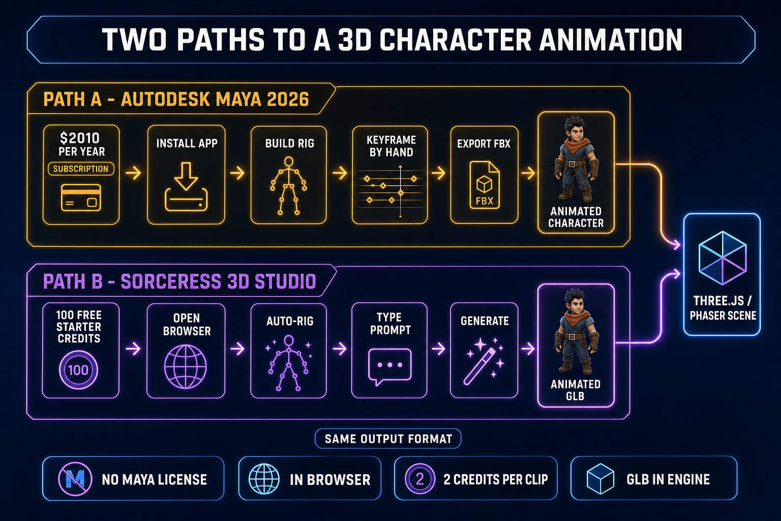 Side-by-side comparison diagram showing two paths to a 3D character animation - top lane Autodesk Maya 2026 path with subscription cost, install, build rig, keyframe by hand, export FBX - bottom lane Sorceress 3D Studio path with 100 free starter credits, browser open, auto-rig, type prompt, generate - both paths converging on Three.js or Phaser scene