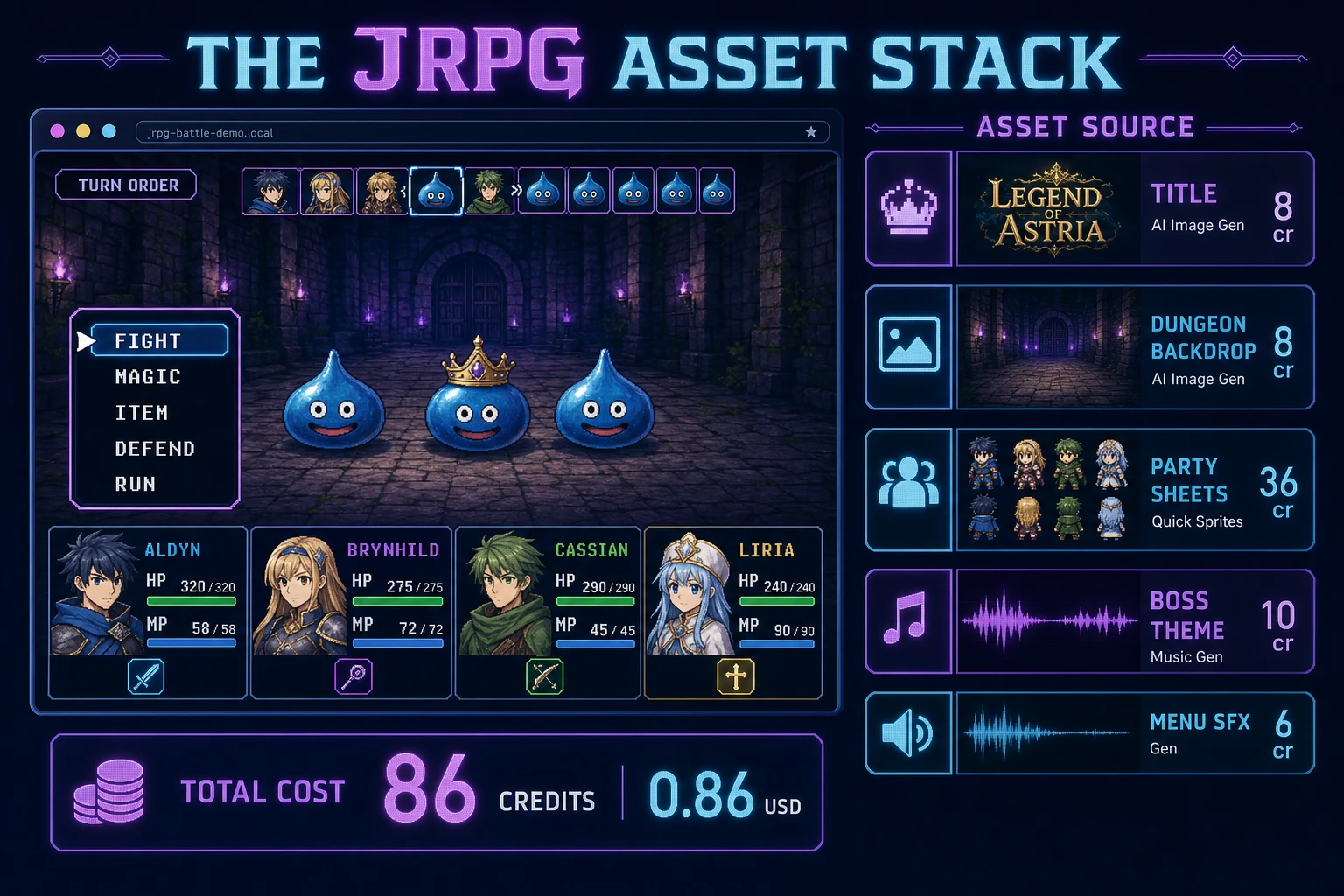 JRPG game asset stack diagram showing AI Image Gen backdrops, Quick Sprites party sheets, Music Gen themes, and SFX Gen menu cues - about 86 credits total