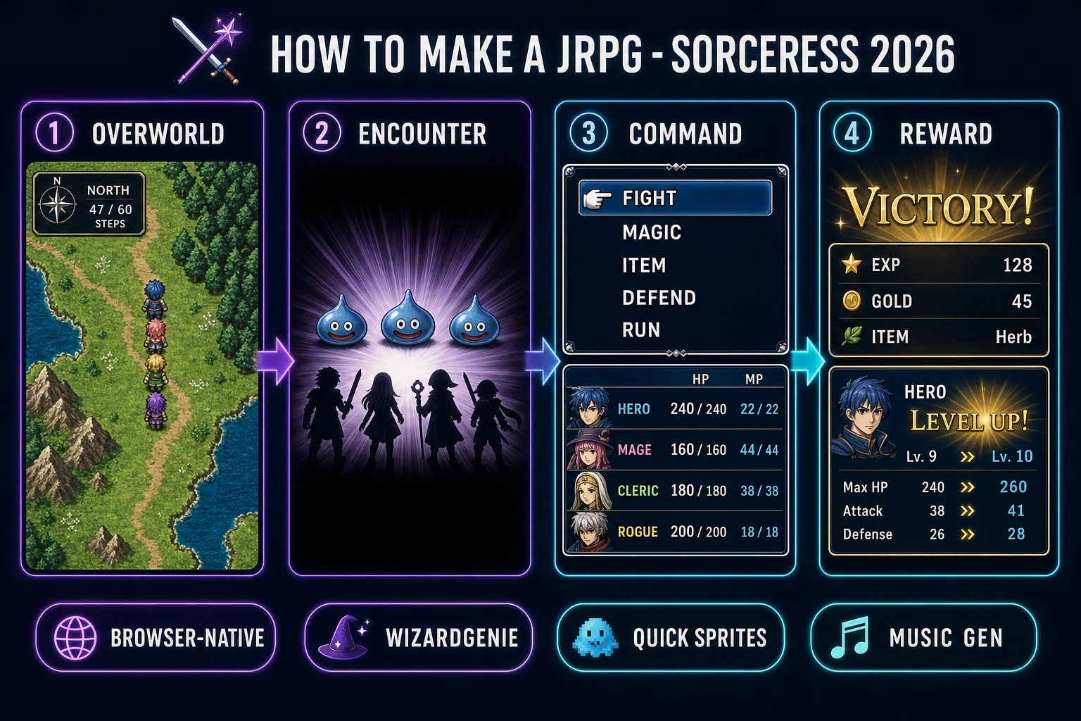 How to make a jrpg browser pipeline: overworld, random encounter, turn-based command menu, and reward loop wired in WizardGenie with AI Image Gen backdrops and Quick Sprites party sheets