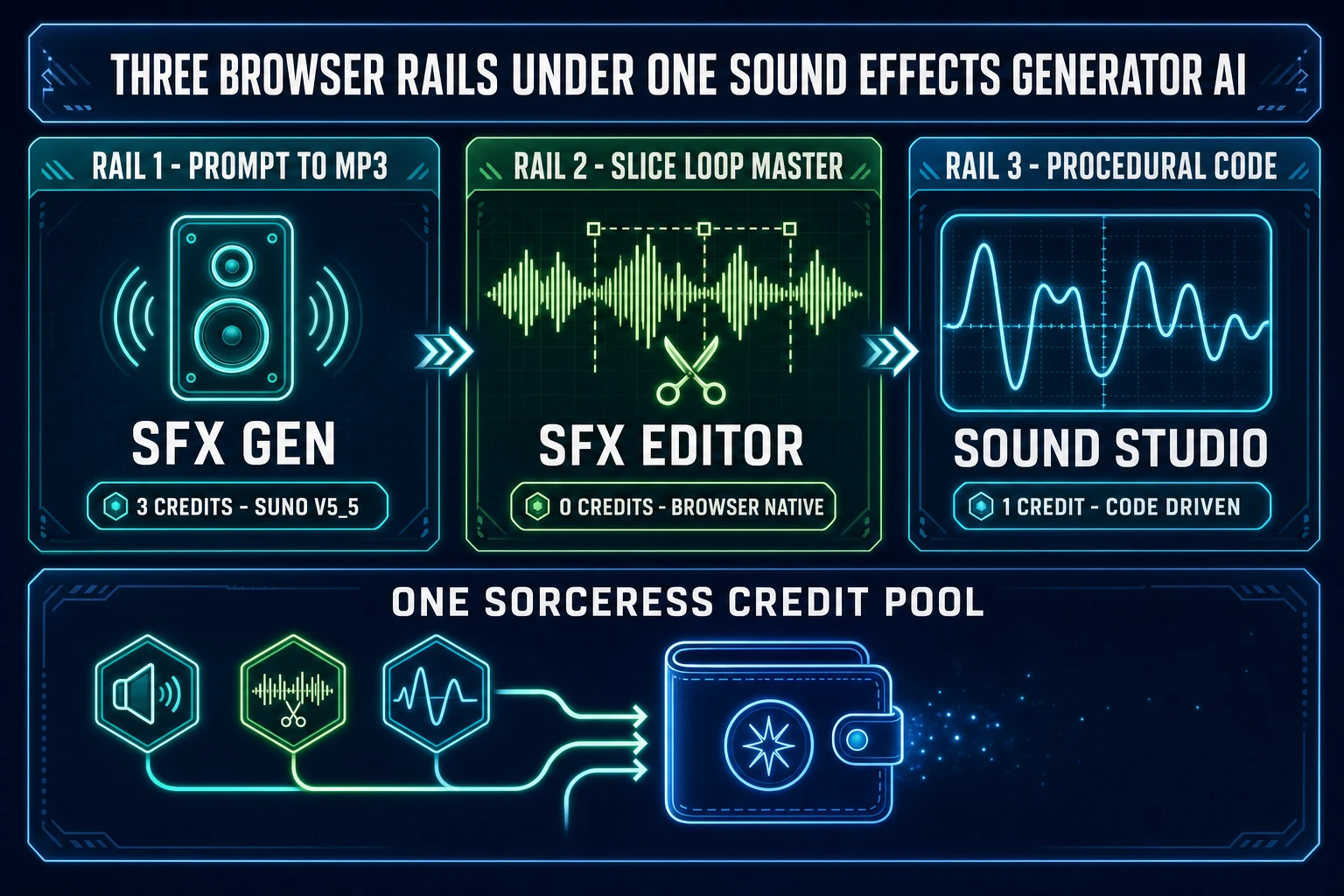 Three browser rails under one sound effects generator AI - SFX Gen prompt to MP3 3 credits, SFX Editor slice loop master 0 credits, Sound Studio procedural code 1 credit on one Sorceress credit pool