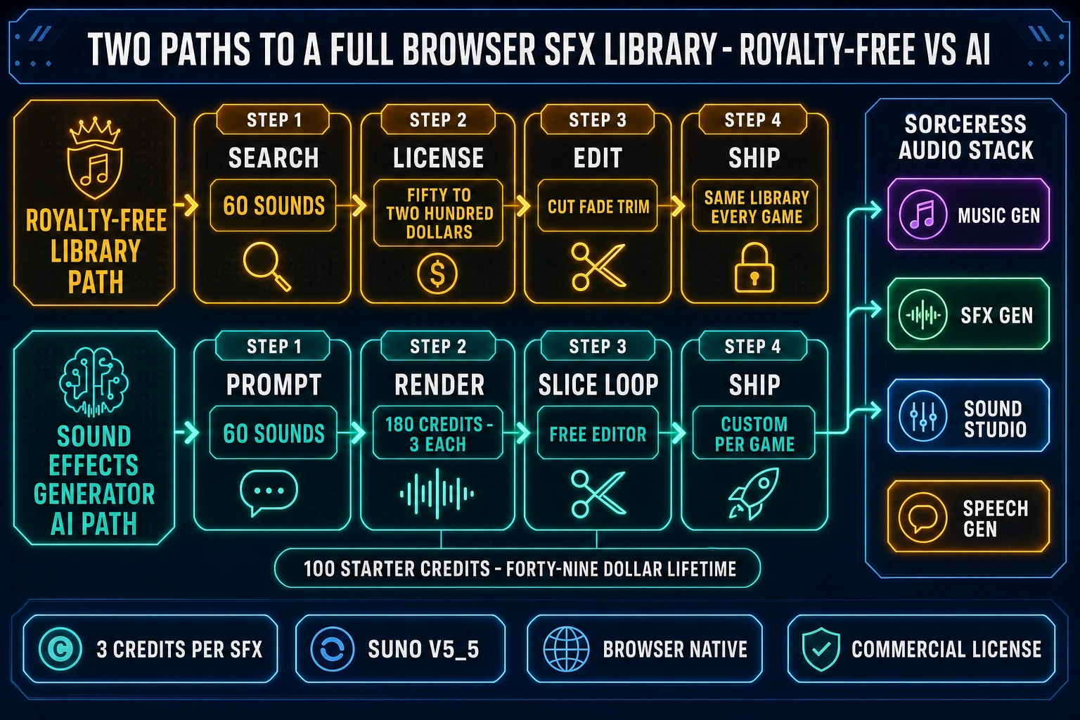 Two paths to a full browser SFX library - royalty-free library path with search license edit ship versus sound effects generator AI path with prompt render slice loop ship to game