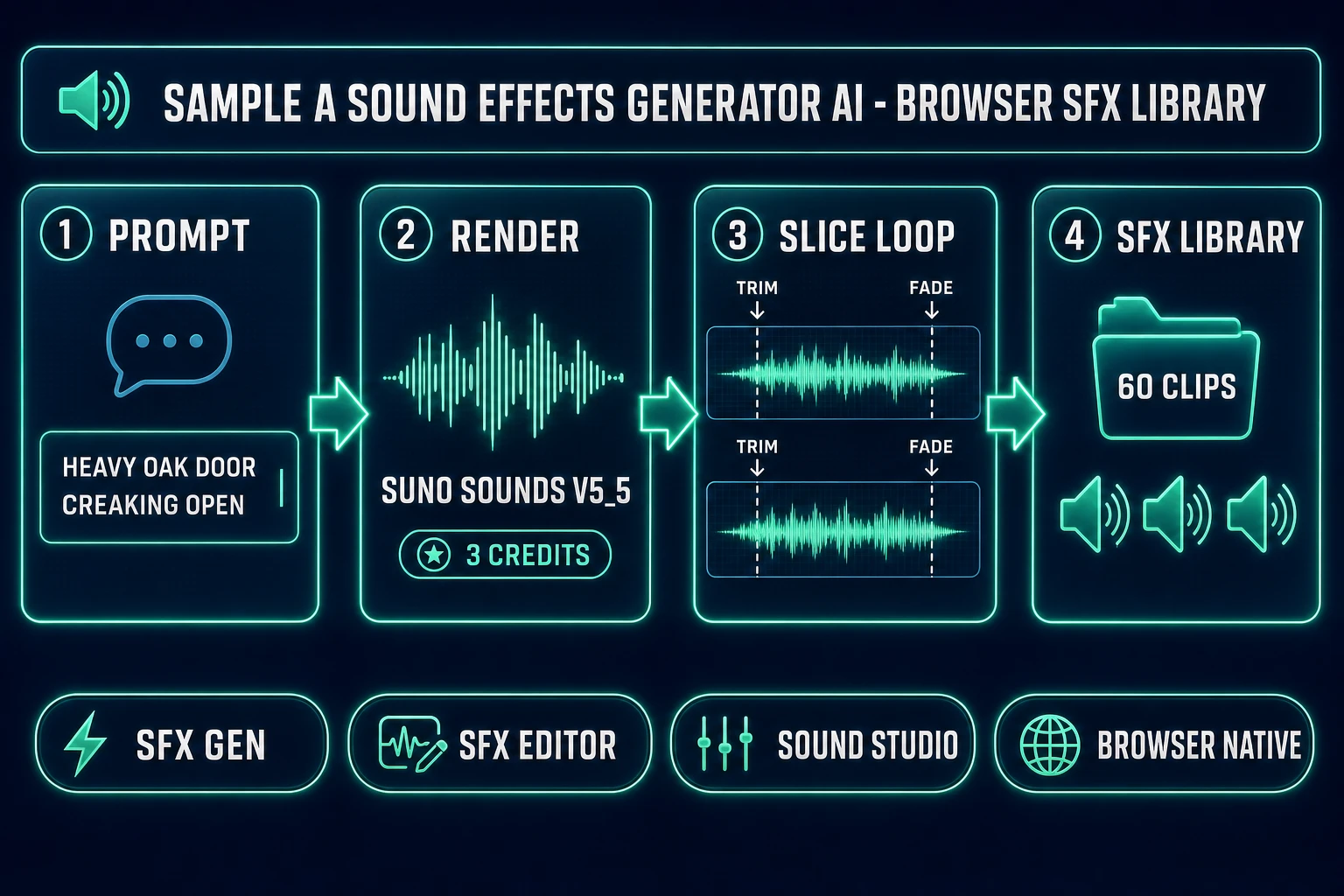 Sound effects generator AI pipeline diagram for indie games - prompt SFX Gen Suno Sounds V5_5 SFX Editor slice loop browser SFX library output