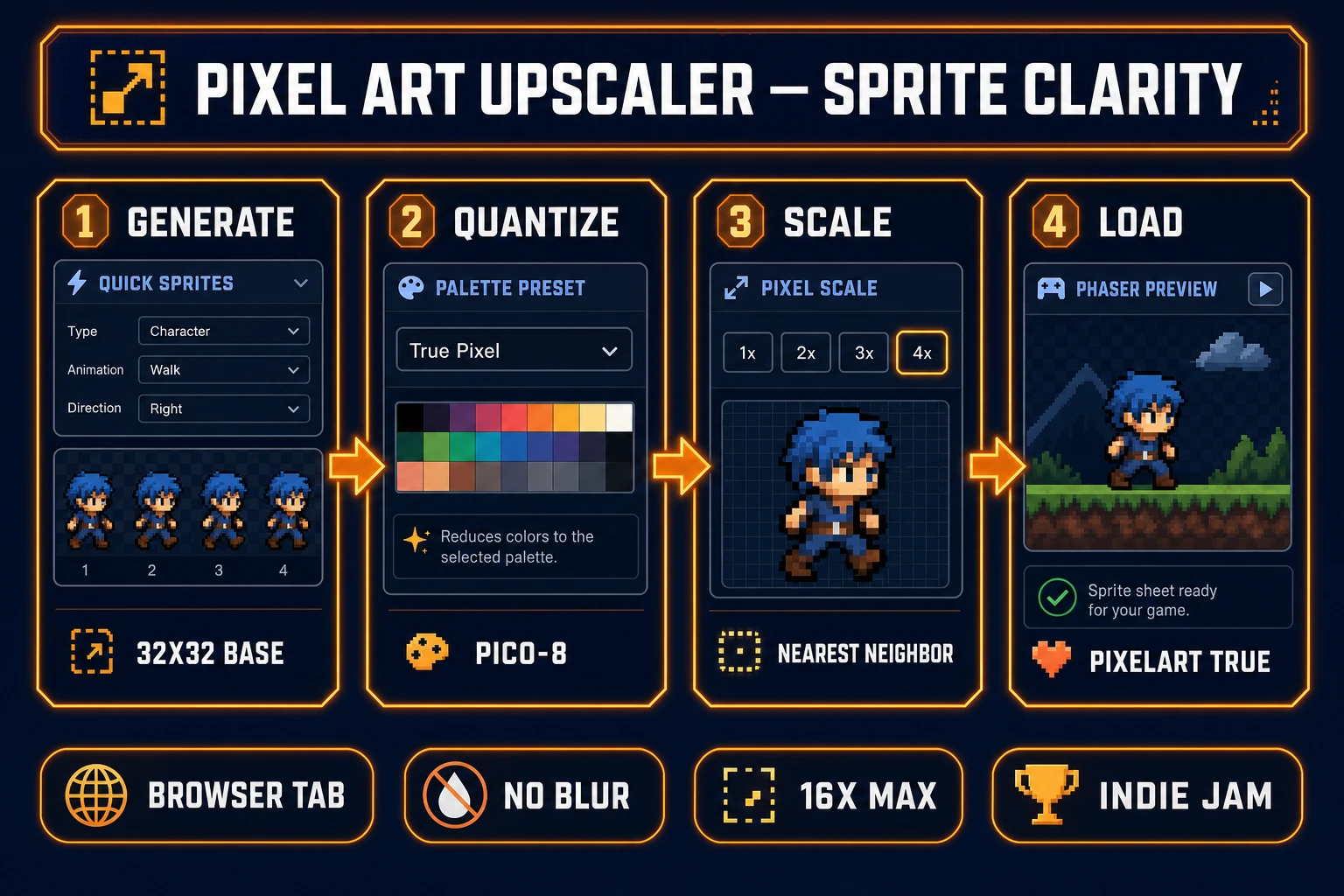 Pixel art upscaler pipeline diagram — four numbered panels for Quick Sprites base generation, True Pixel quantization, Pixel Scale nearest-neighbor export, and Phaser pixelArt load