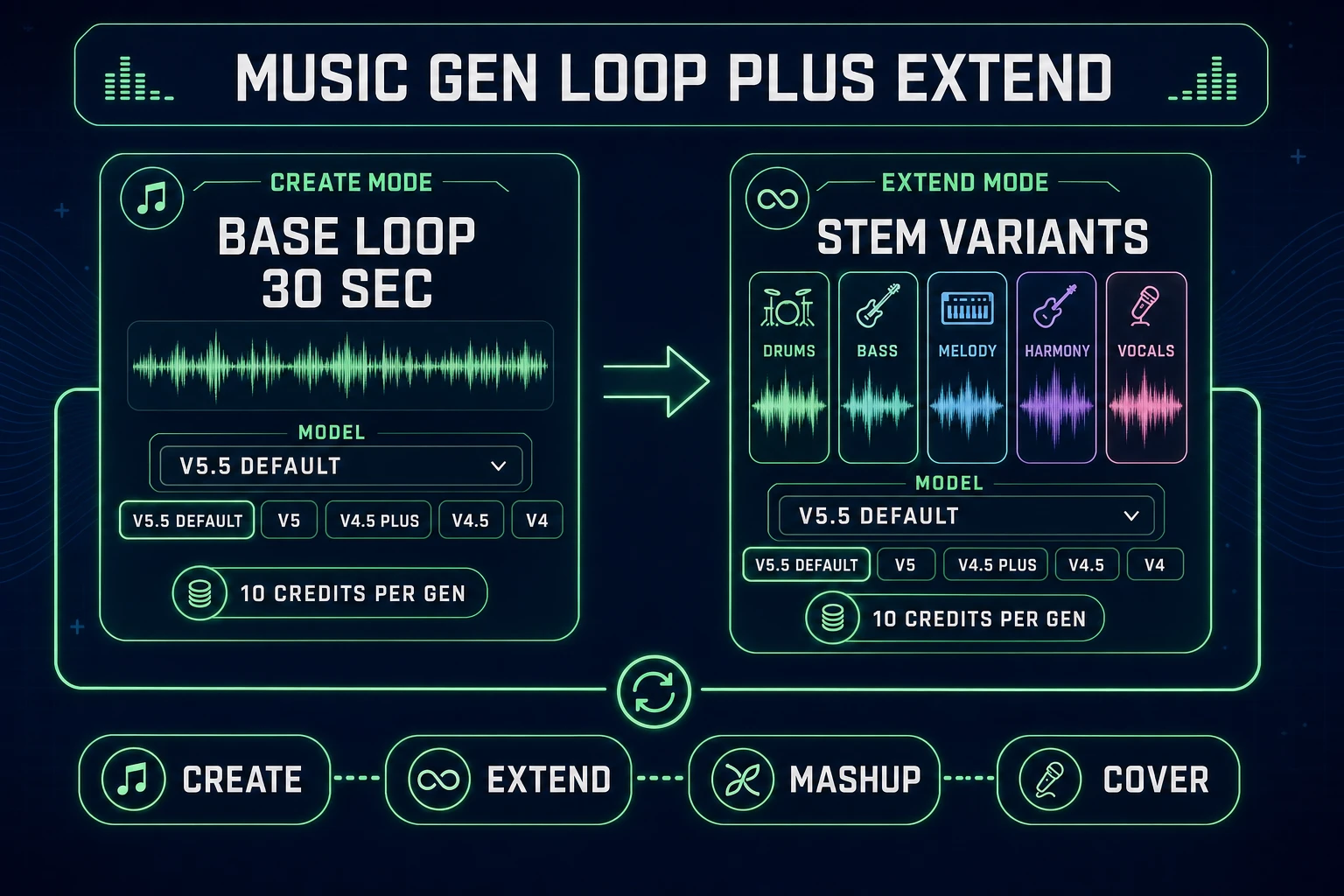 Music Gen create and extend pipeline for game loops with Suno V5.5 model picker and 10 credits per generation, verified July 14, 2026