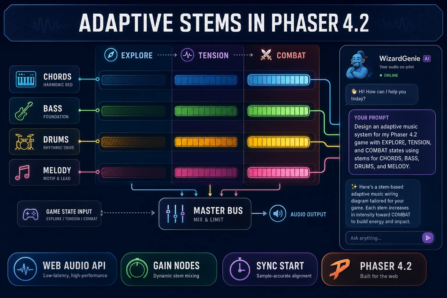 Adaptive stem gain diagram for Phaser 4.2 explore tension combat states wired by WizardGenie, verified July 14, 2026